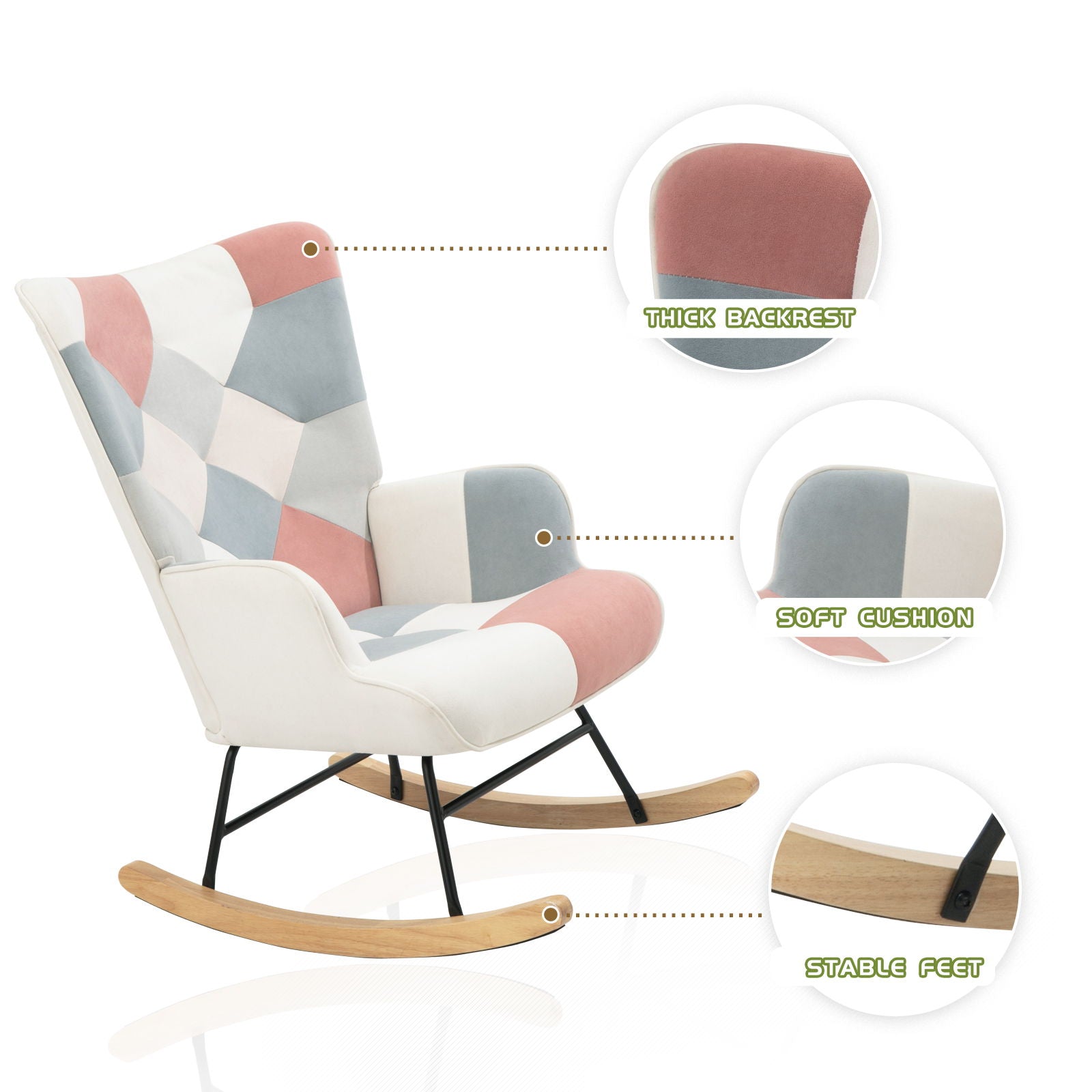 Accent Rocking Chair, Mid-Century Fabric Rocker Chair With Wood Legs And Patchwork Linen For Livingroom Bedroom - Pink