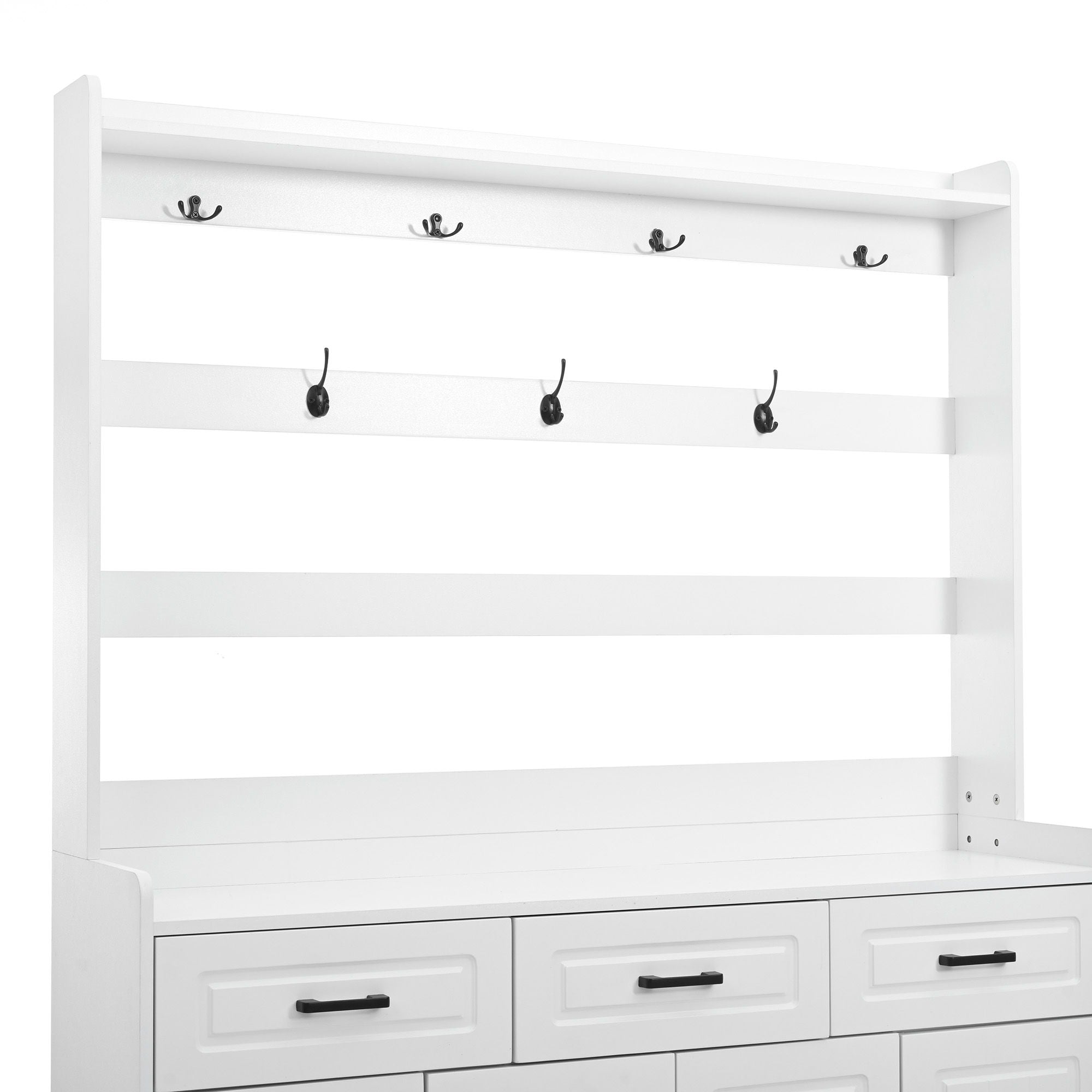 Minimalist 4 Door Shoe Cabinet With Coat Rack, 3 Drawers, 8 Shelves, Metal Hooks And Handles
