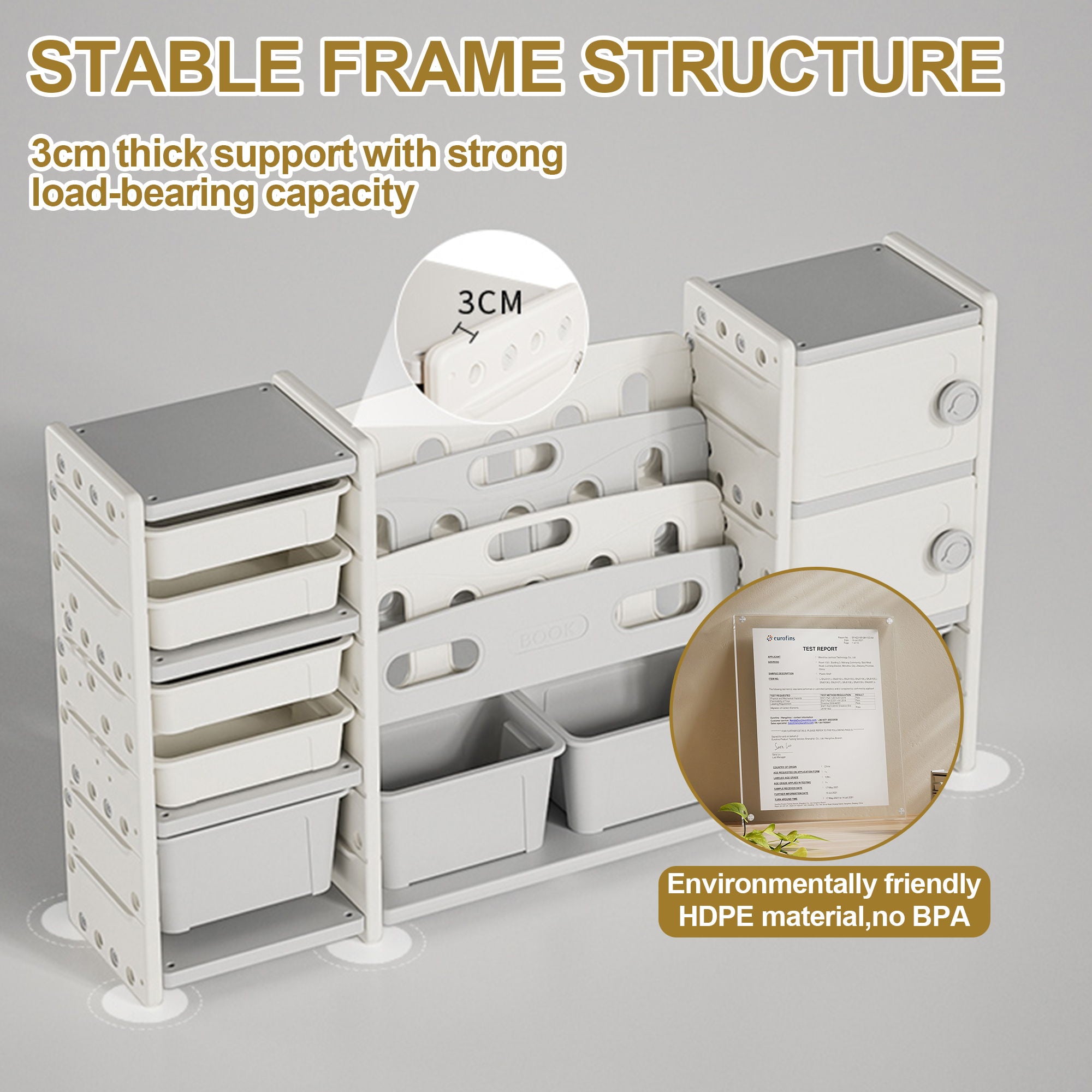 Kids Toy Storage Organizer With 8 Removable Toy Bins, 4 Tier Bookshelf, And 2 Cabinet Storage - Gray / Ivory