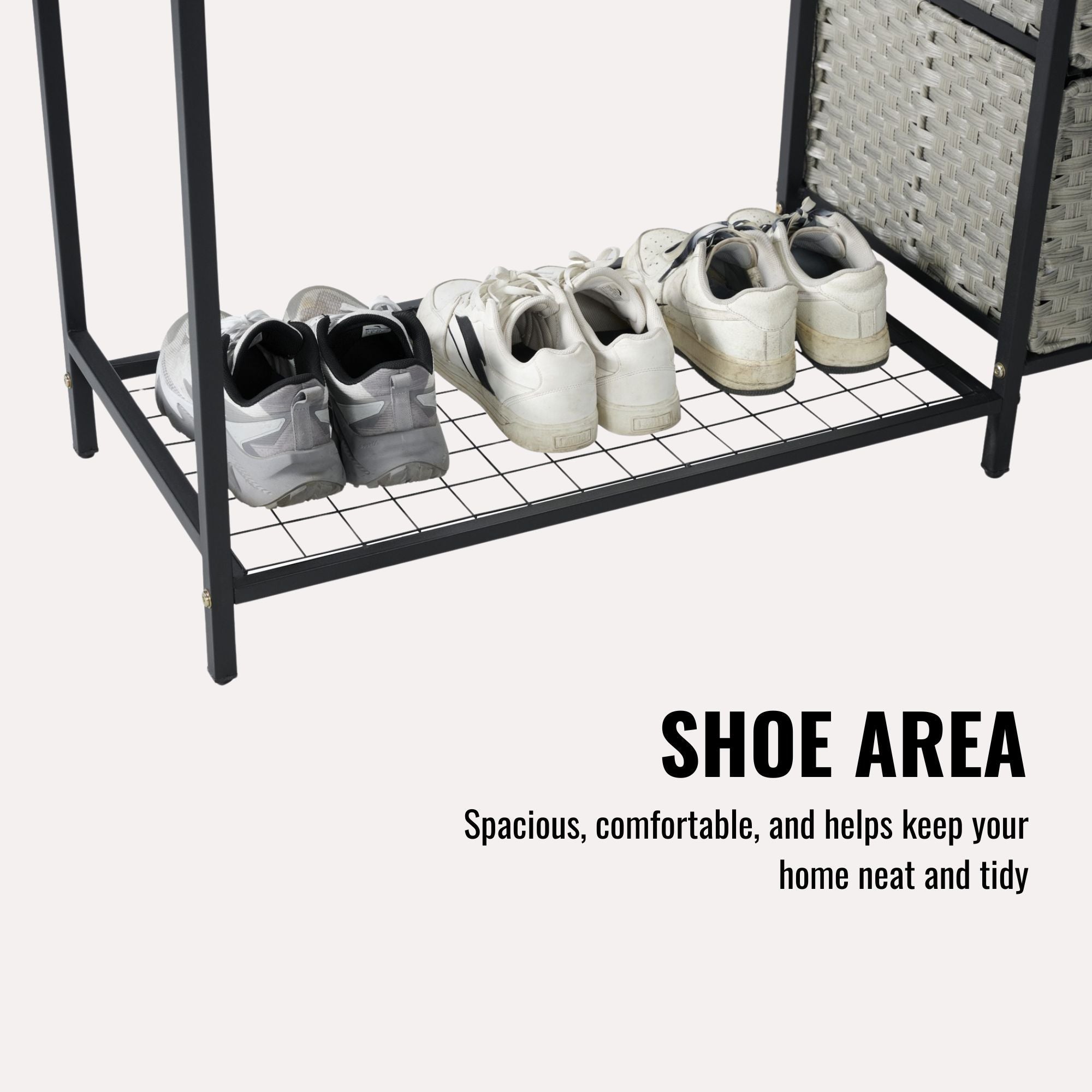 Garment Rack With Shelves, 2 Wicker Drawers, 4 Hooks, Organizer