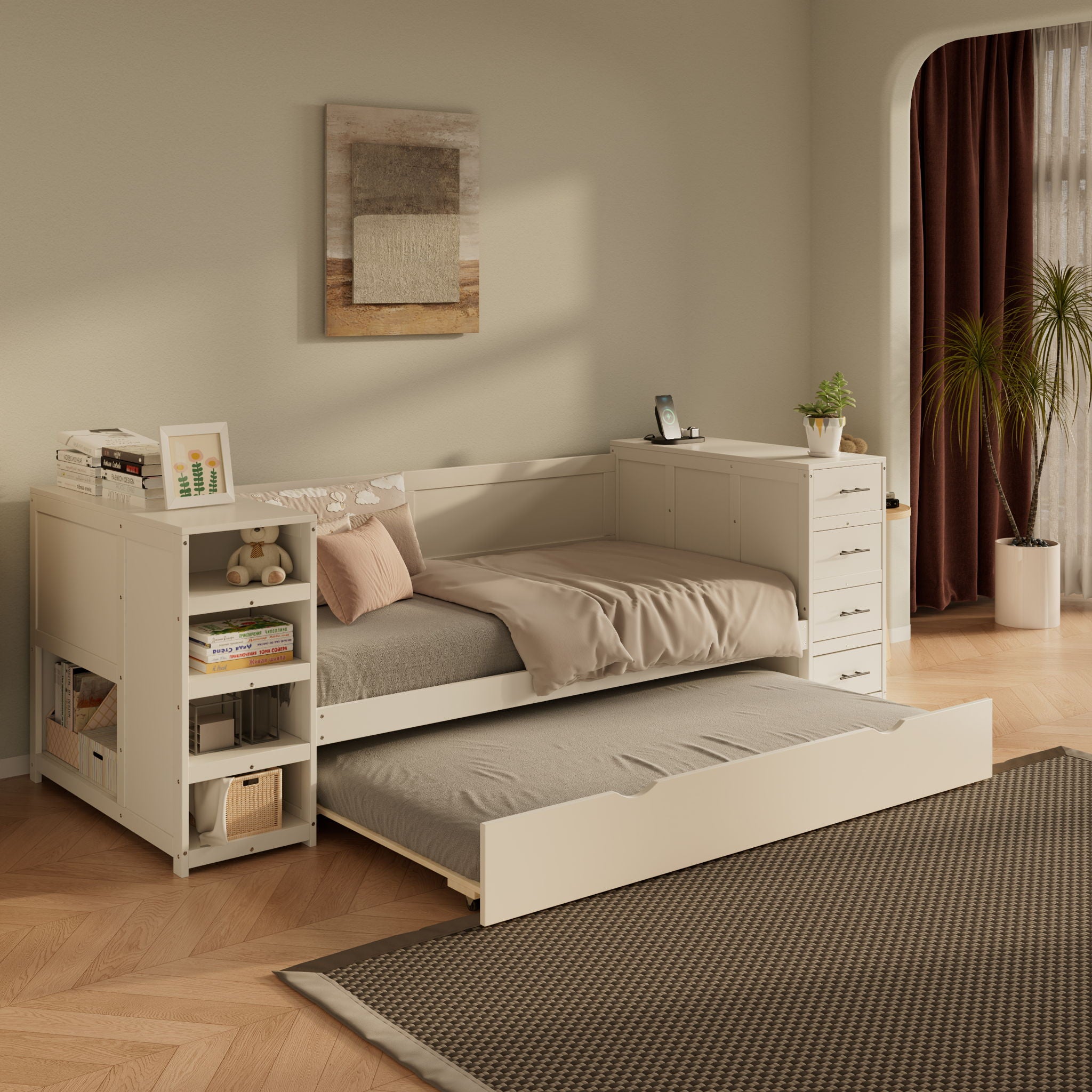 Daybed With Side Shelves, Multi Functional Desk & Charging Station