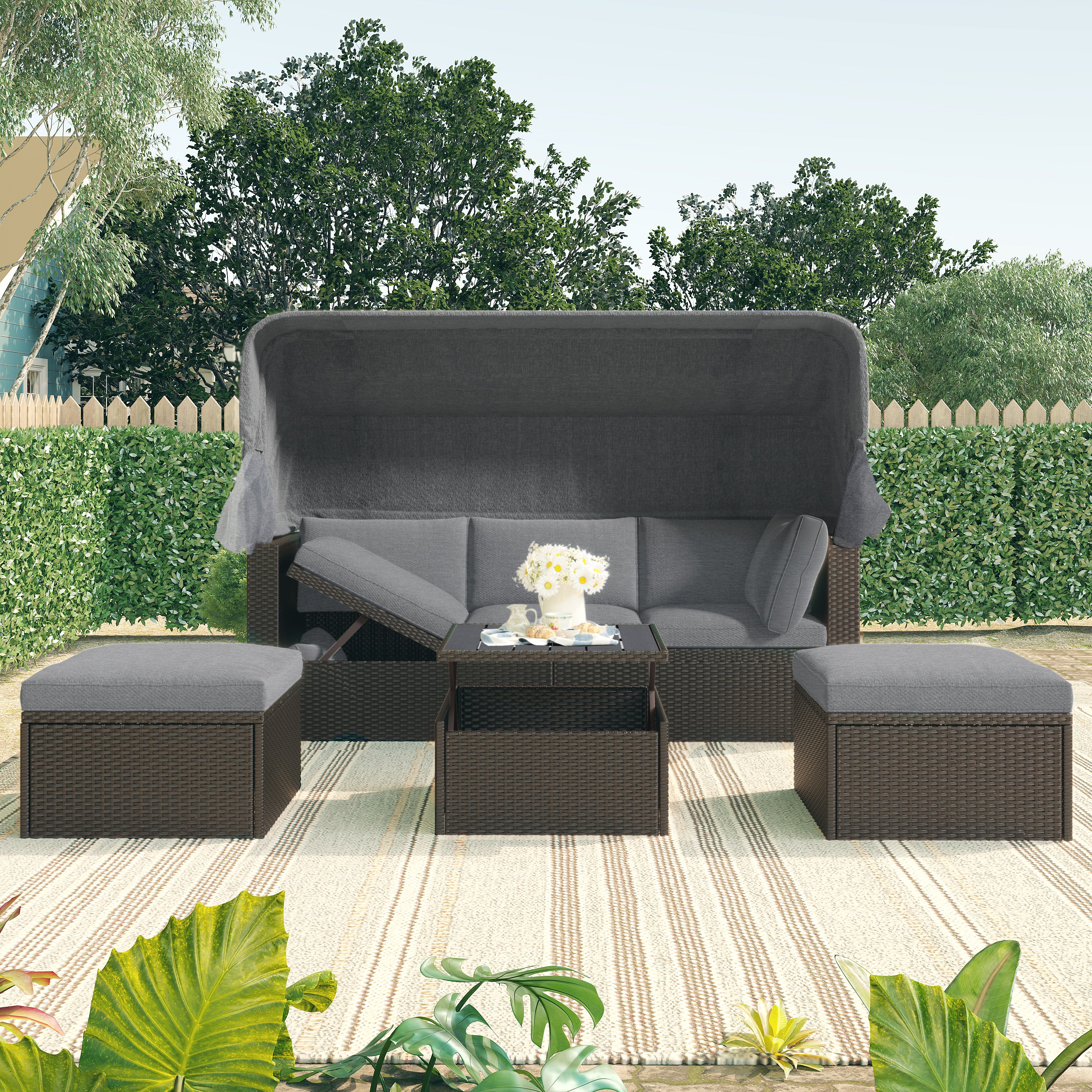 Outdoor Wicker Sectional Daybed with Retractable Canopy