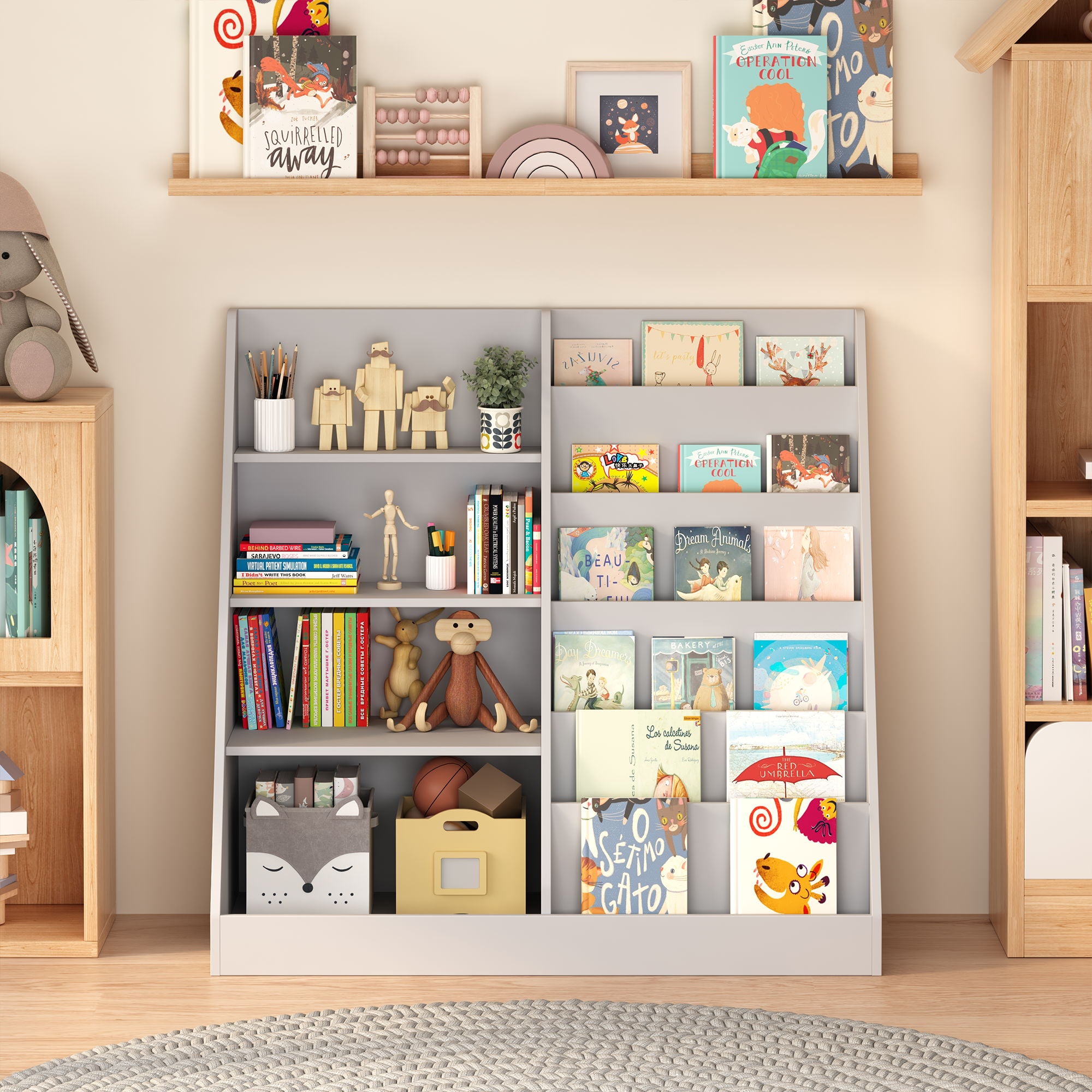 Bookshelf And Toy Storage Organizer, 4 Tier Bookcase With Display Stand For Playroom