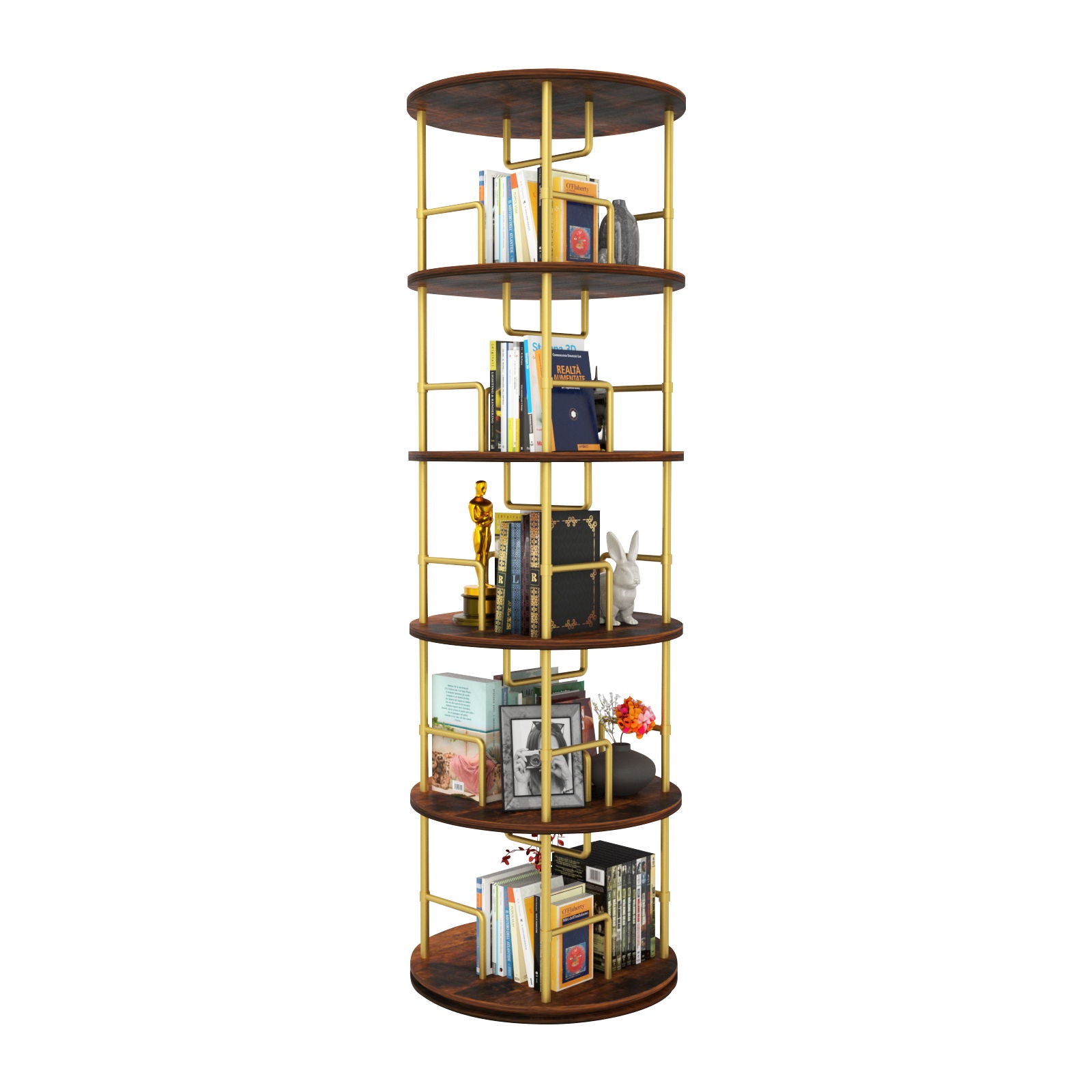 5 Tier 360 Rotating Bookshelf, Display Round Floor Standing Swivel Bookcase For Bedroom - Golden