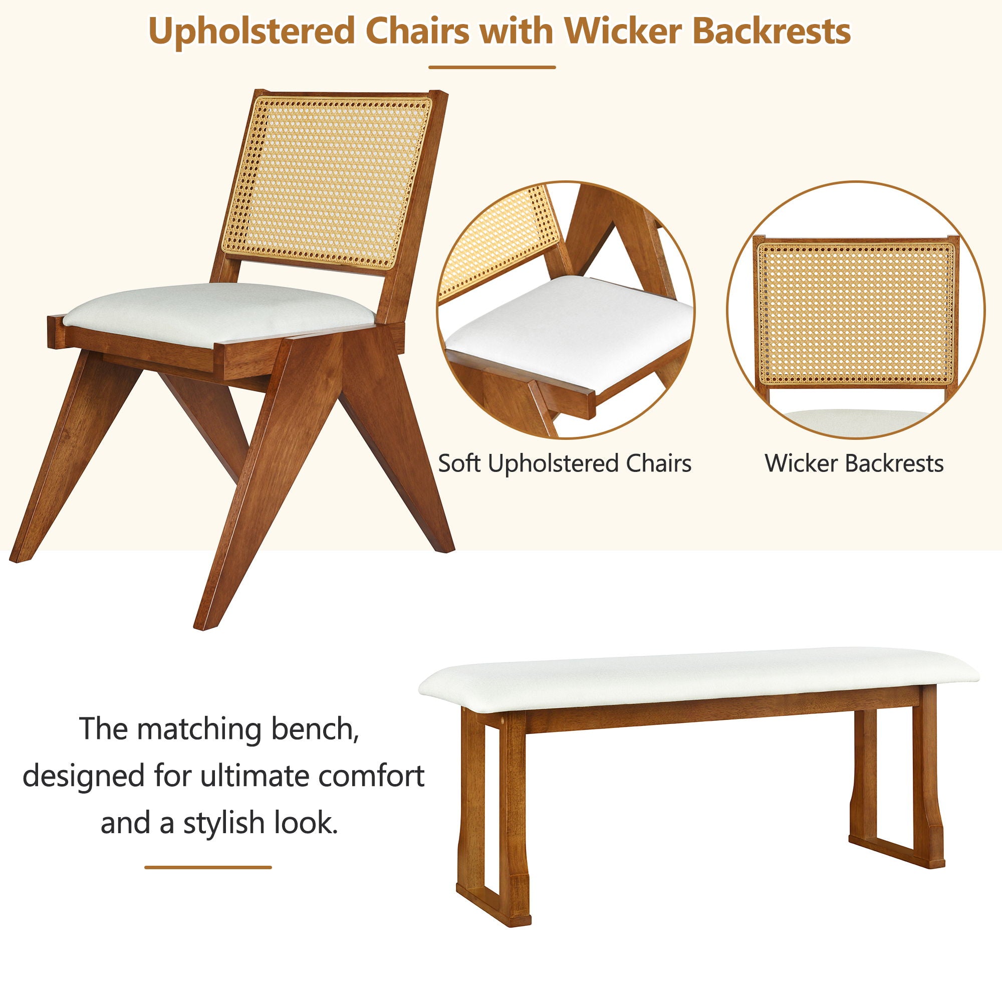 6 Piece Extendable Dining Table Set With 4 Wicker Back Upholstered Dining Chairs And Long Bench, 2 Removable Leaf