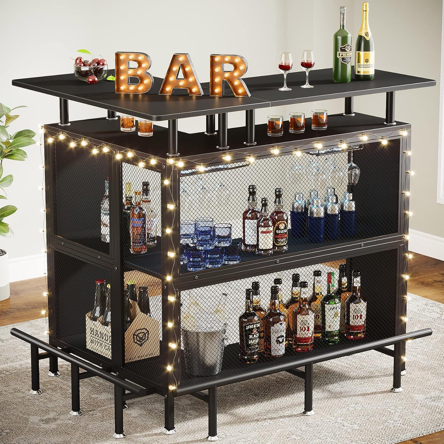 L Shaped Home Mini Bar Table With 2 Tier Shelves & Glass Racks - Black