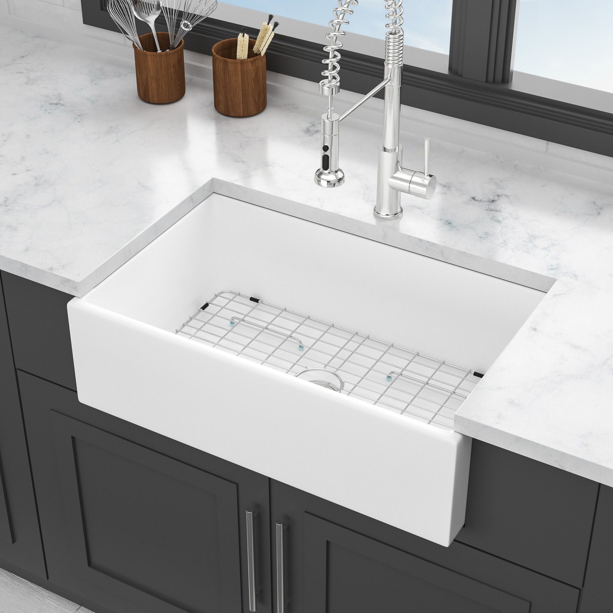 33" Undermount Sink With Apron Front, Single Bowl, Grid - White