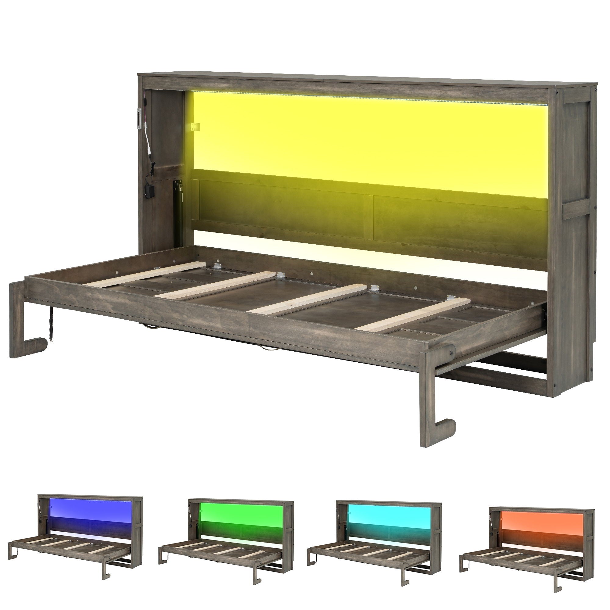 Murphy Bed With LED Light, Foldable Wall Bed Cabinet