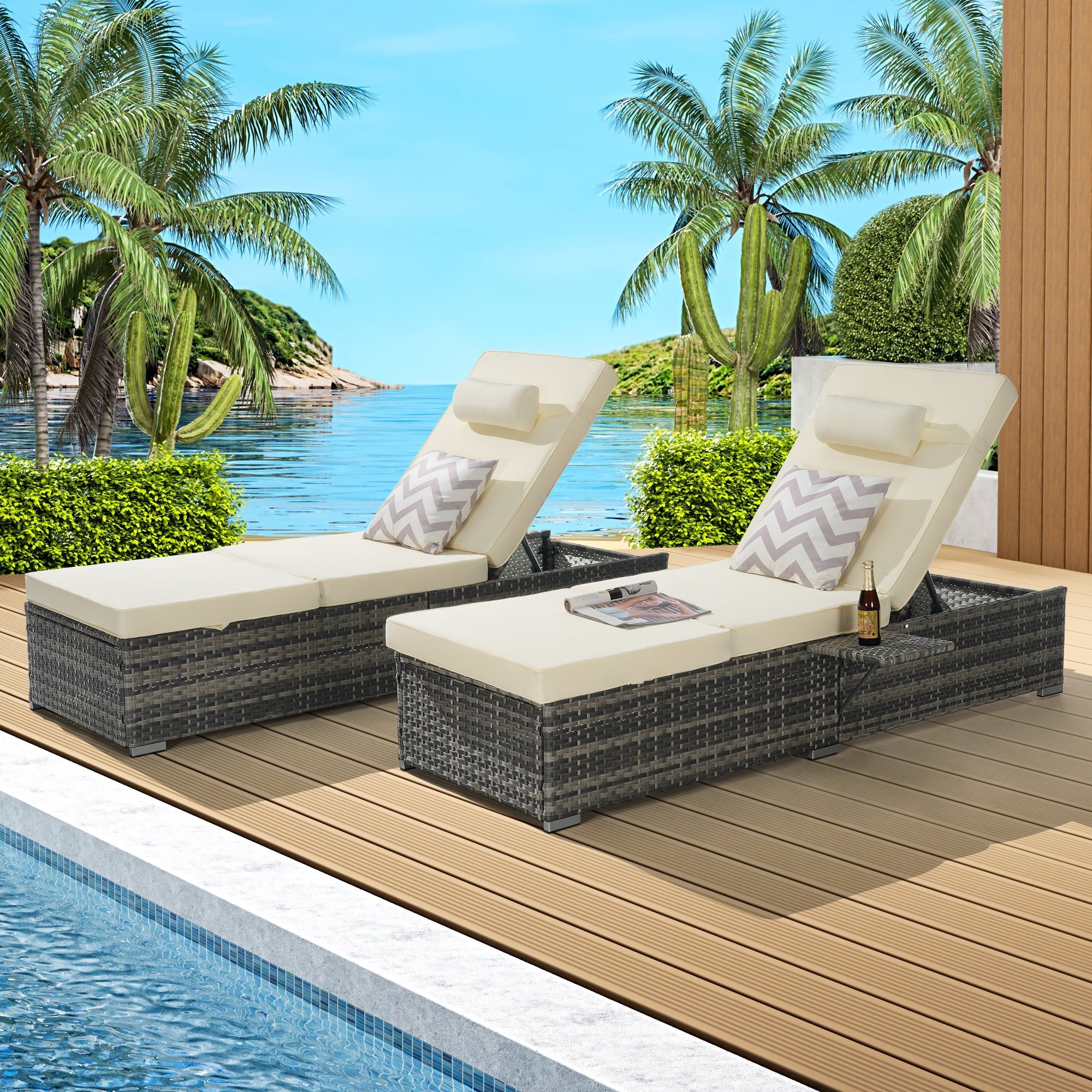 Outdoor Chaise Lounge Chair Set of 2 with Storage Patio Pool Chairs Tanning Lounges for Outside,Beach Rattan Recliners with Adjustable Backrest, Table, Cushion for Poolside Backyard Garden