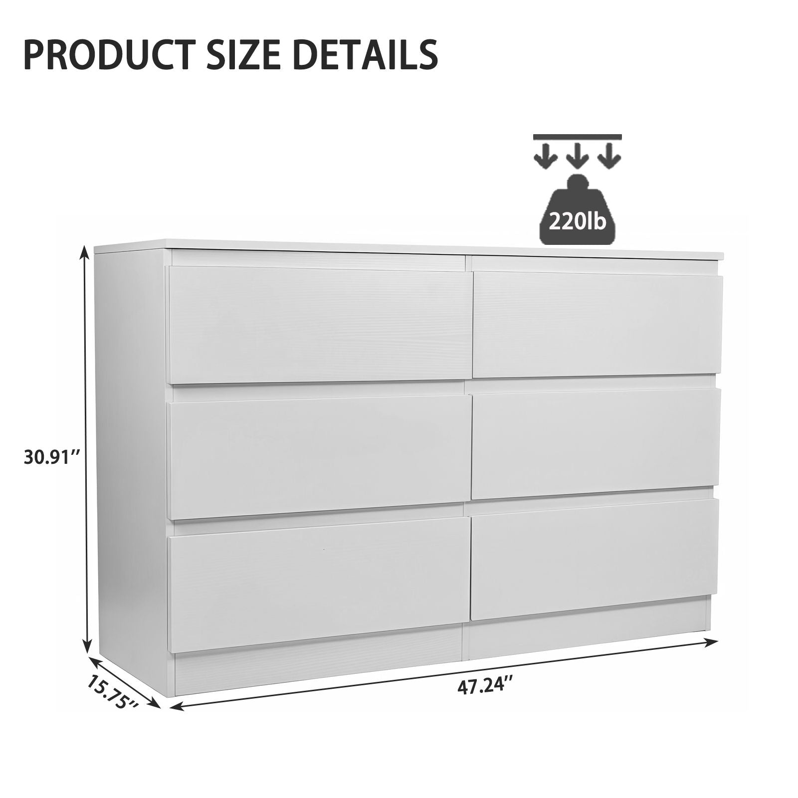 Modern 6 Drawer Dresser With Spacious Countertop And Concealed Handles, Storage Cabinet For Bedroom And Living Room - White