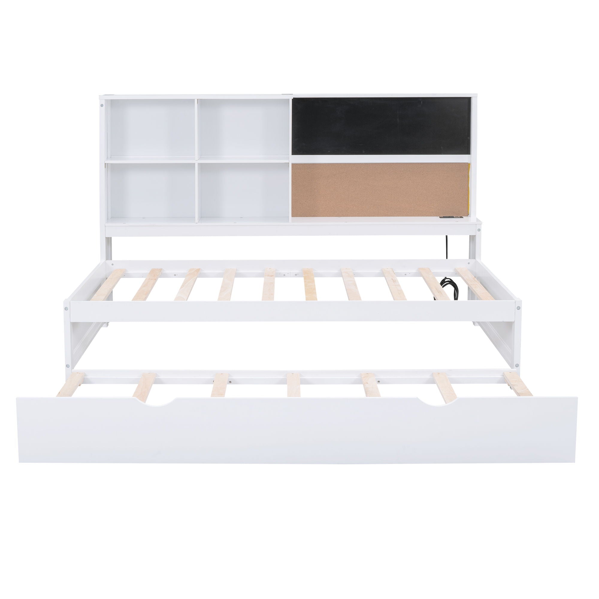 Twin Size Daybed With Storage Shelvesboard, Cork Board, USB Ports And Trundle - White