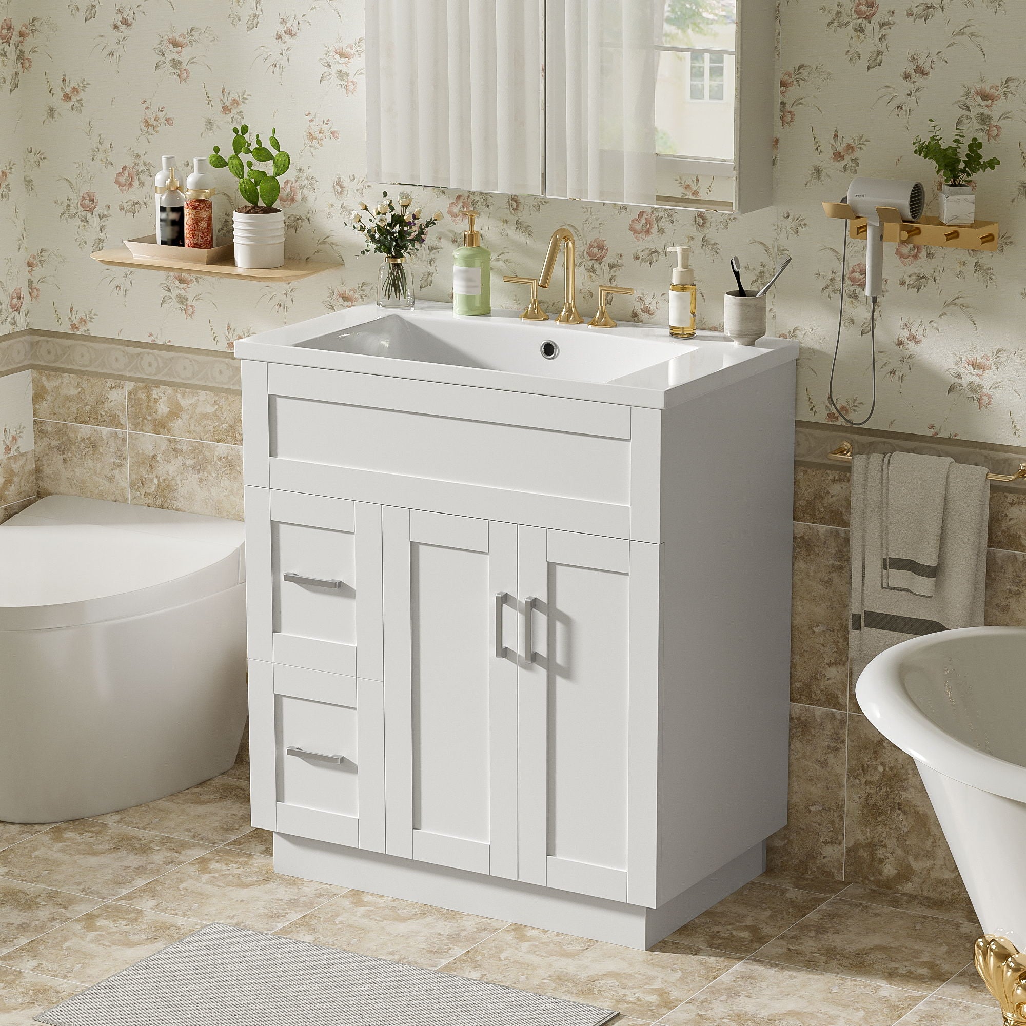 Bathroom Vanity With 2 Doors, 2 Drawers, Adjustable Shelf, Hidden Slides & Soft Close Hinges