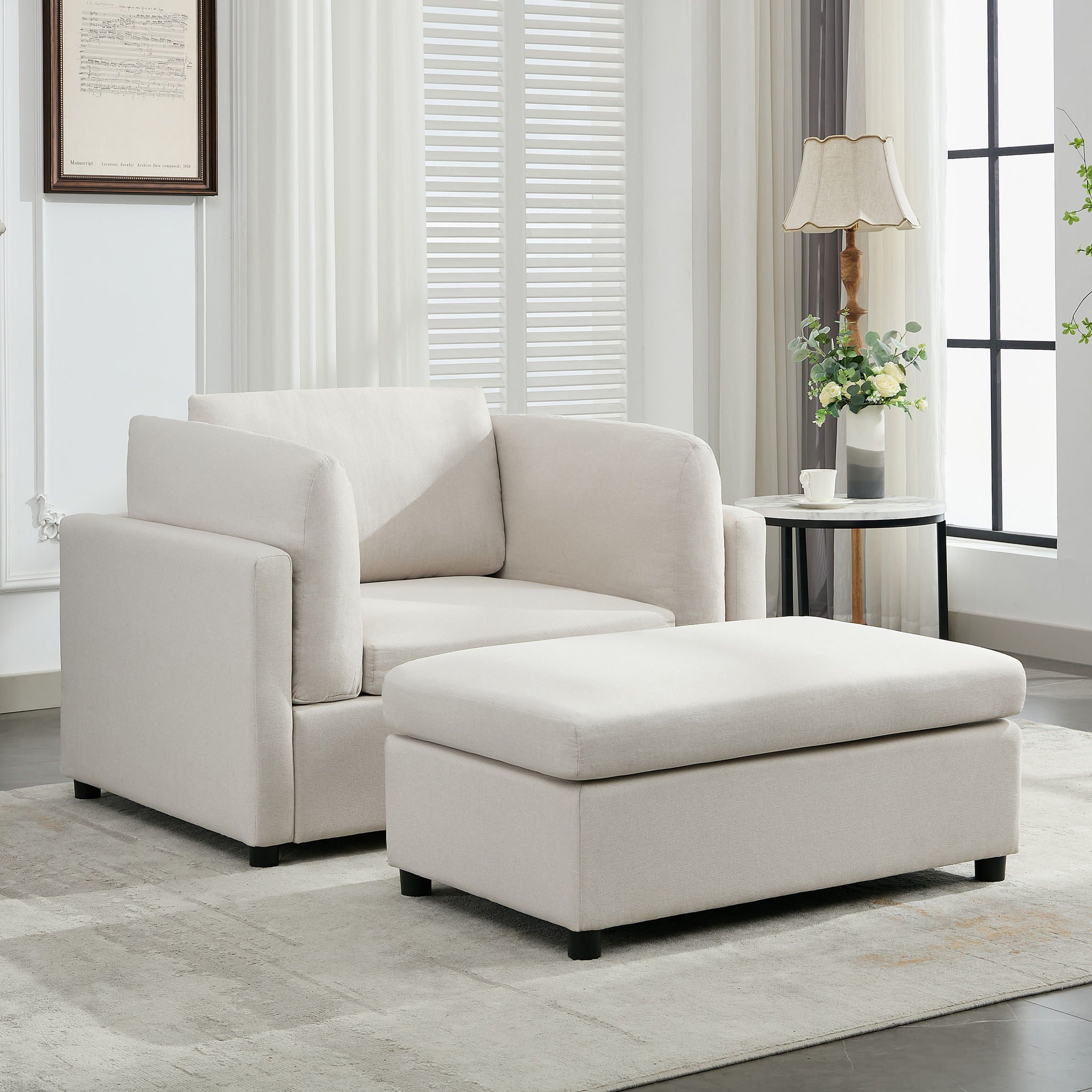 Wide Modern Oversized Armchair With Ottoman Stool, Single Sofa With Lumbar Support, Accent Chair