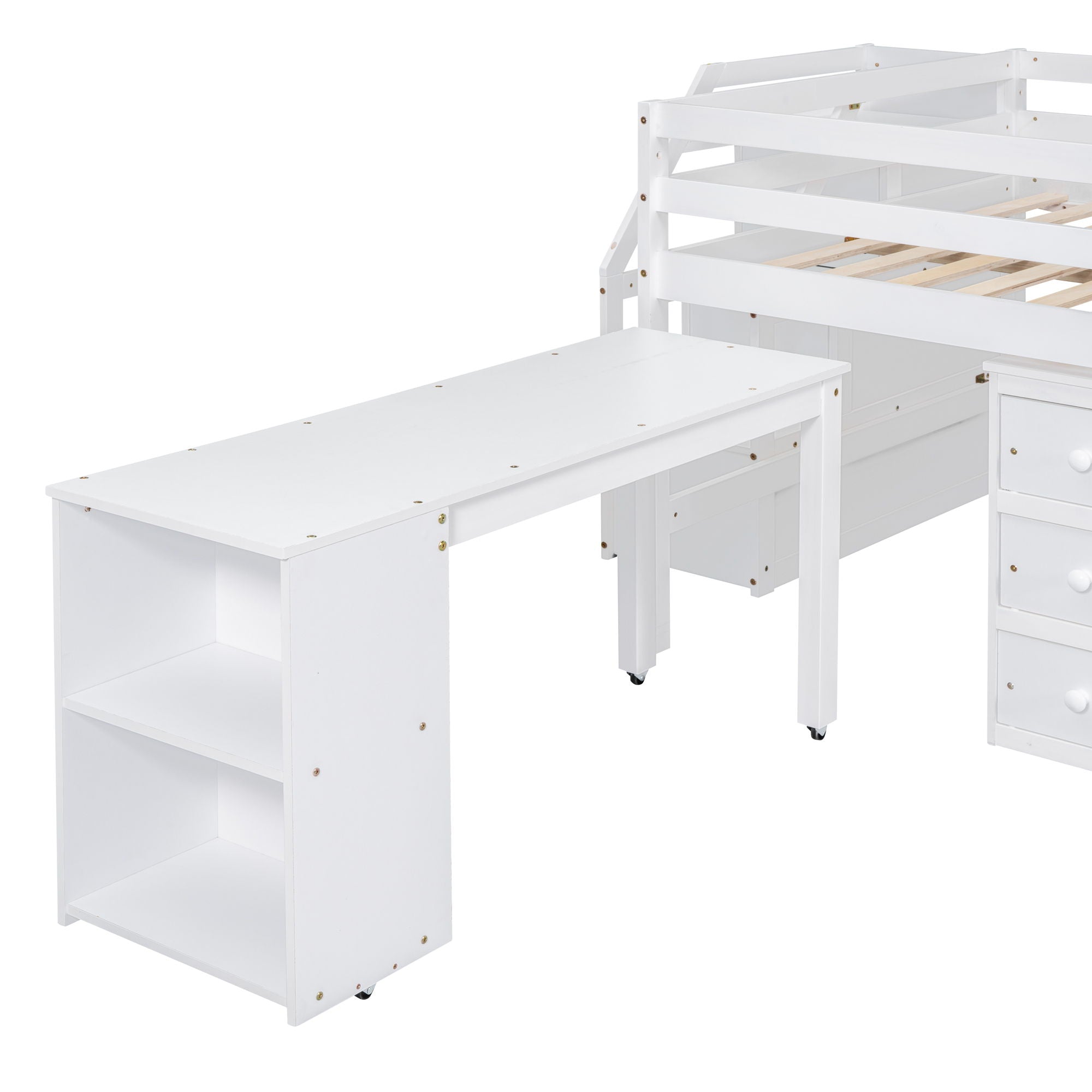 Loft Bed With Retractable Writing Desk And 3 Drawers With Storage Stairs And Shelves
