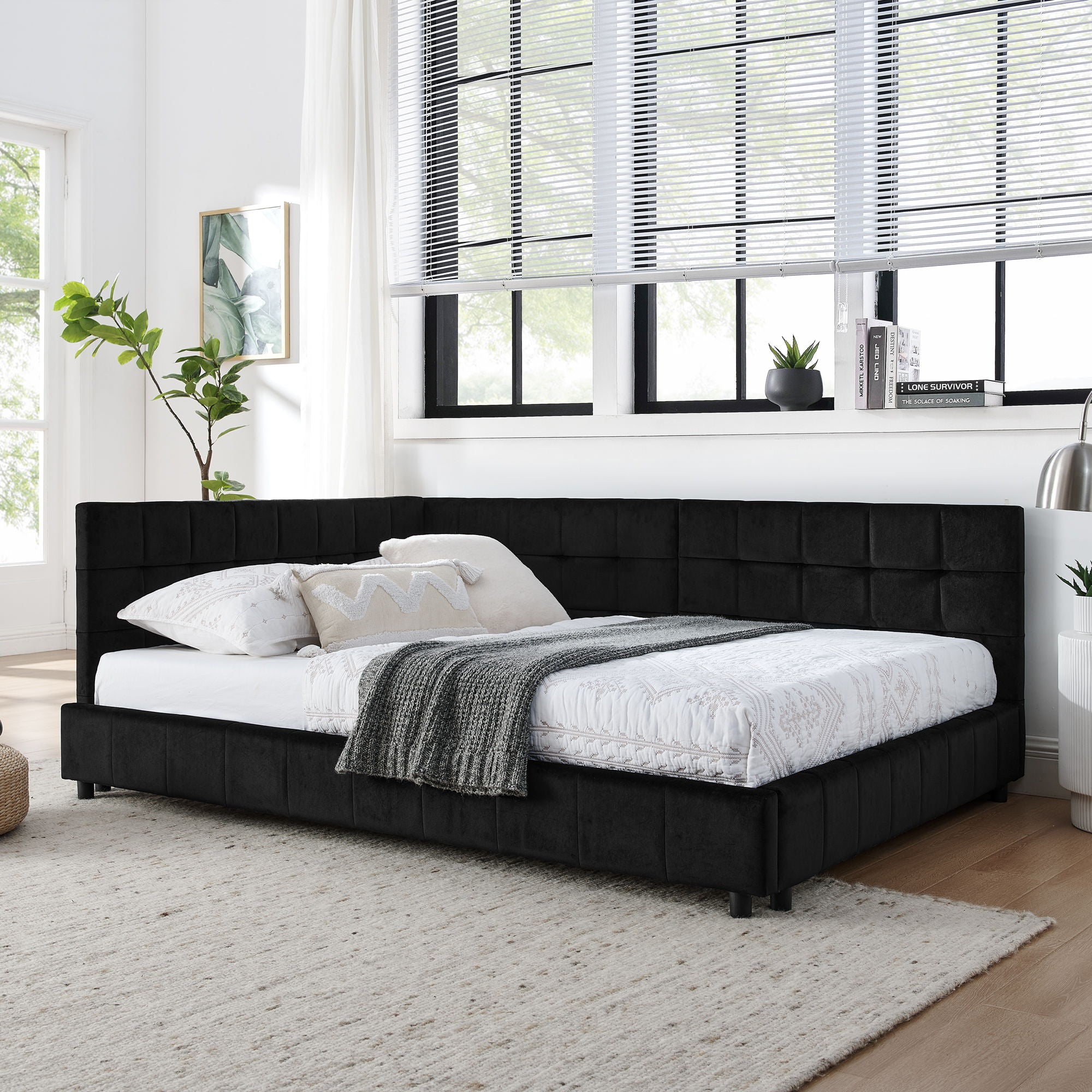 Mid-Century Storage Upholstered Tufted Bed Frame With Backrest And Armrests