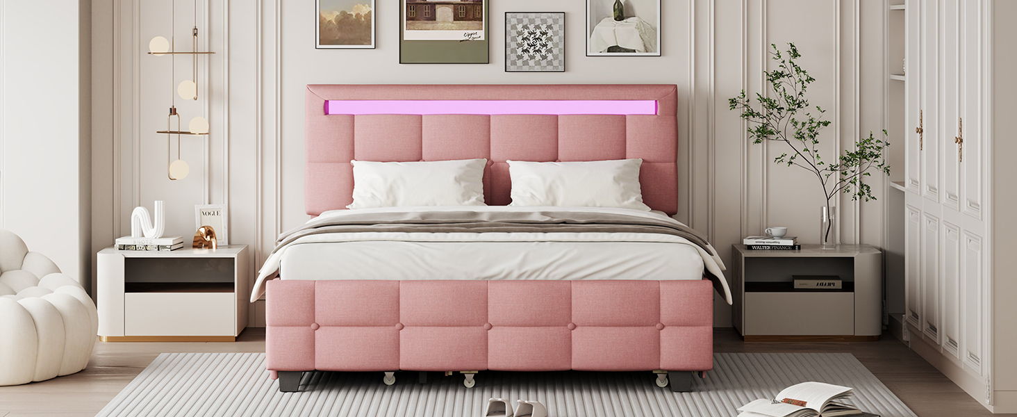 Upholstered Platform Bed With LED Frame, With Trundle And 2 Drawers