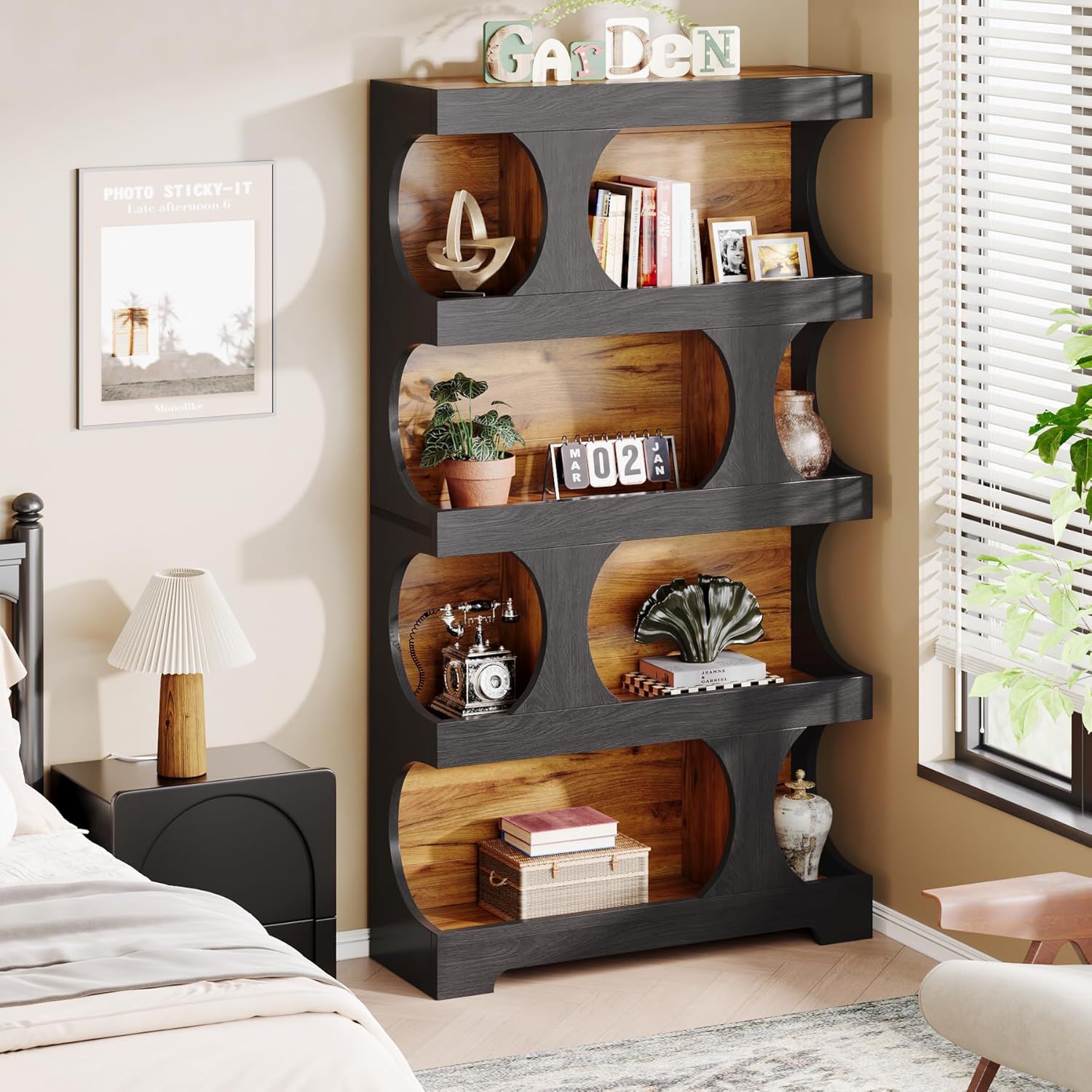 4 Tier S-Shaped Freestanding Storage Shelf For Living Room - Black / Brown
