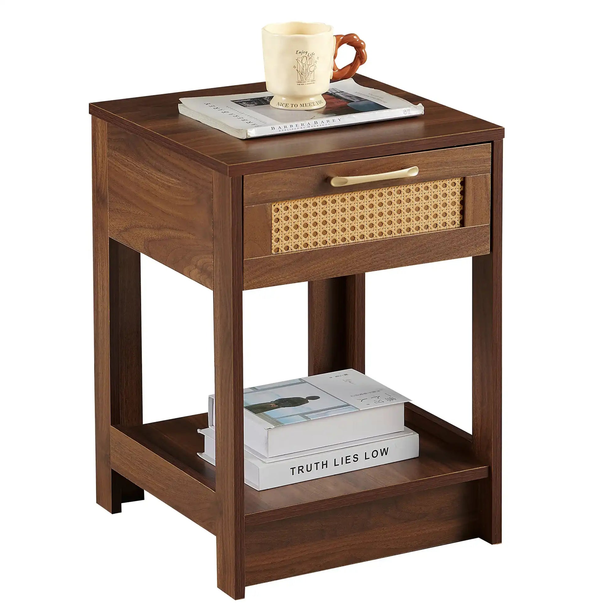 Modern Walnut Rattan Nightstand with Drawer - Best Buy Furniture