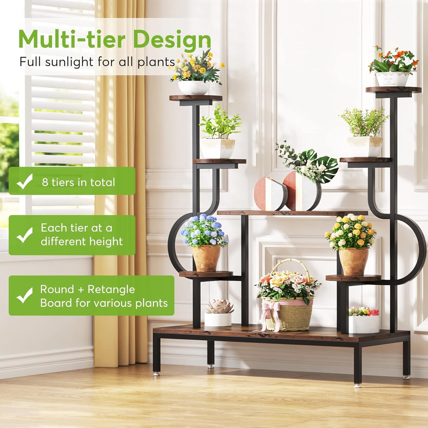 8 Tier Plant Stand With Round And Square Shelves For Living Room, Patio, Balcony & Garden - Brown / Black