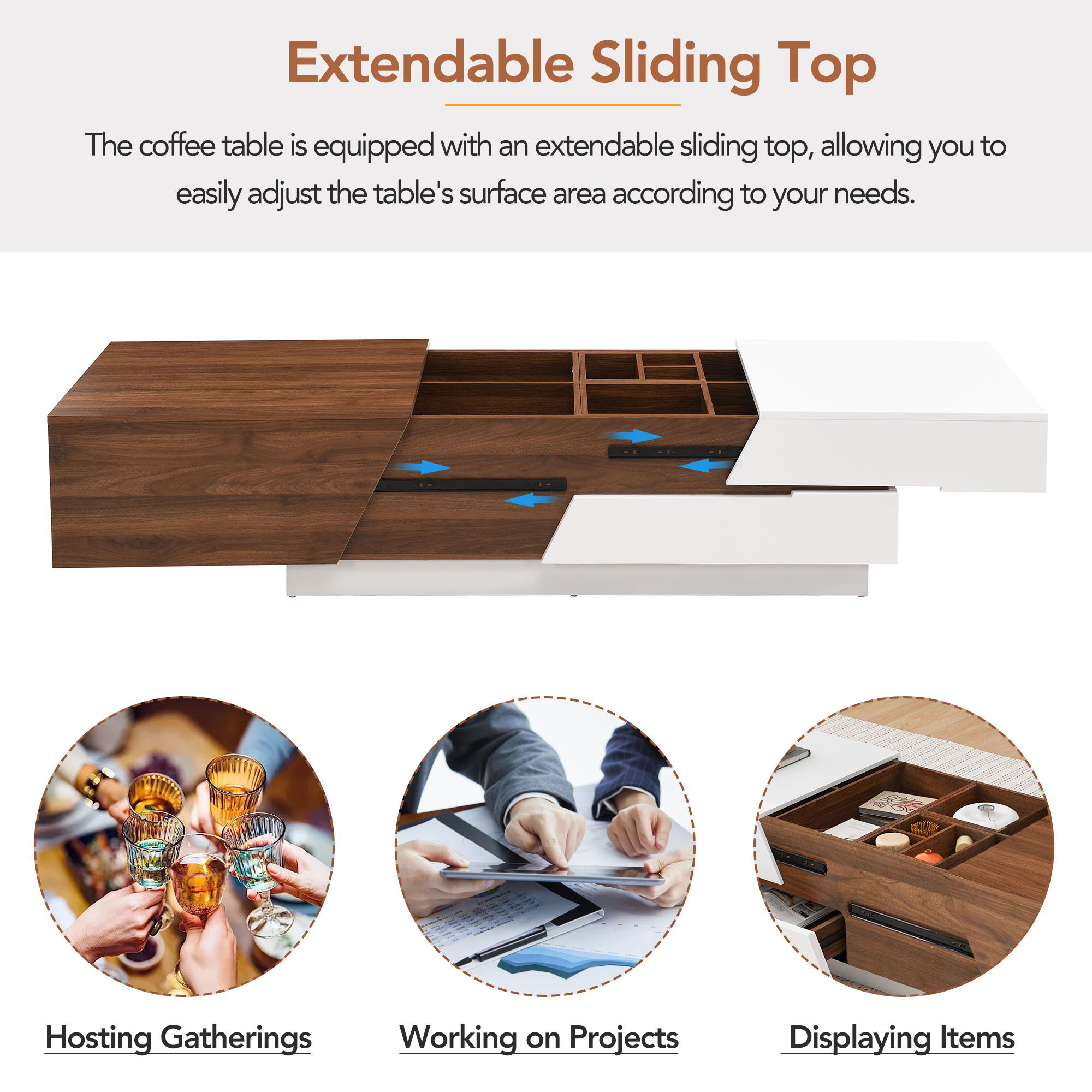 Extendable Sliding Top Coffee Table With Storage, Rectangle Shape - White / Walnut