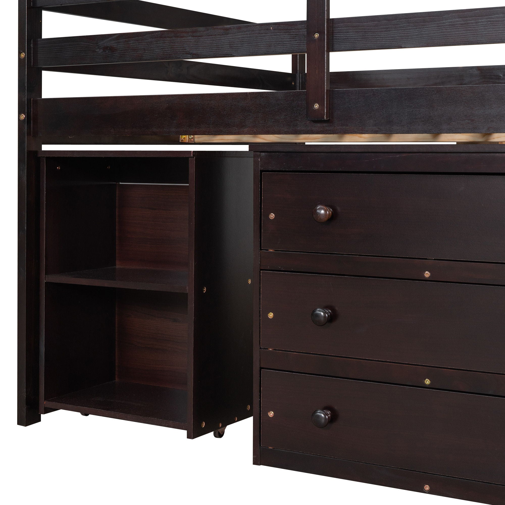 Loft Low Study Bed With Cabinet, Shelves And Rolling Portable Desk, Multiple Functions