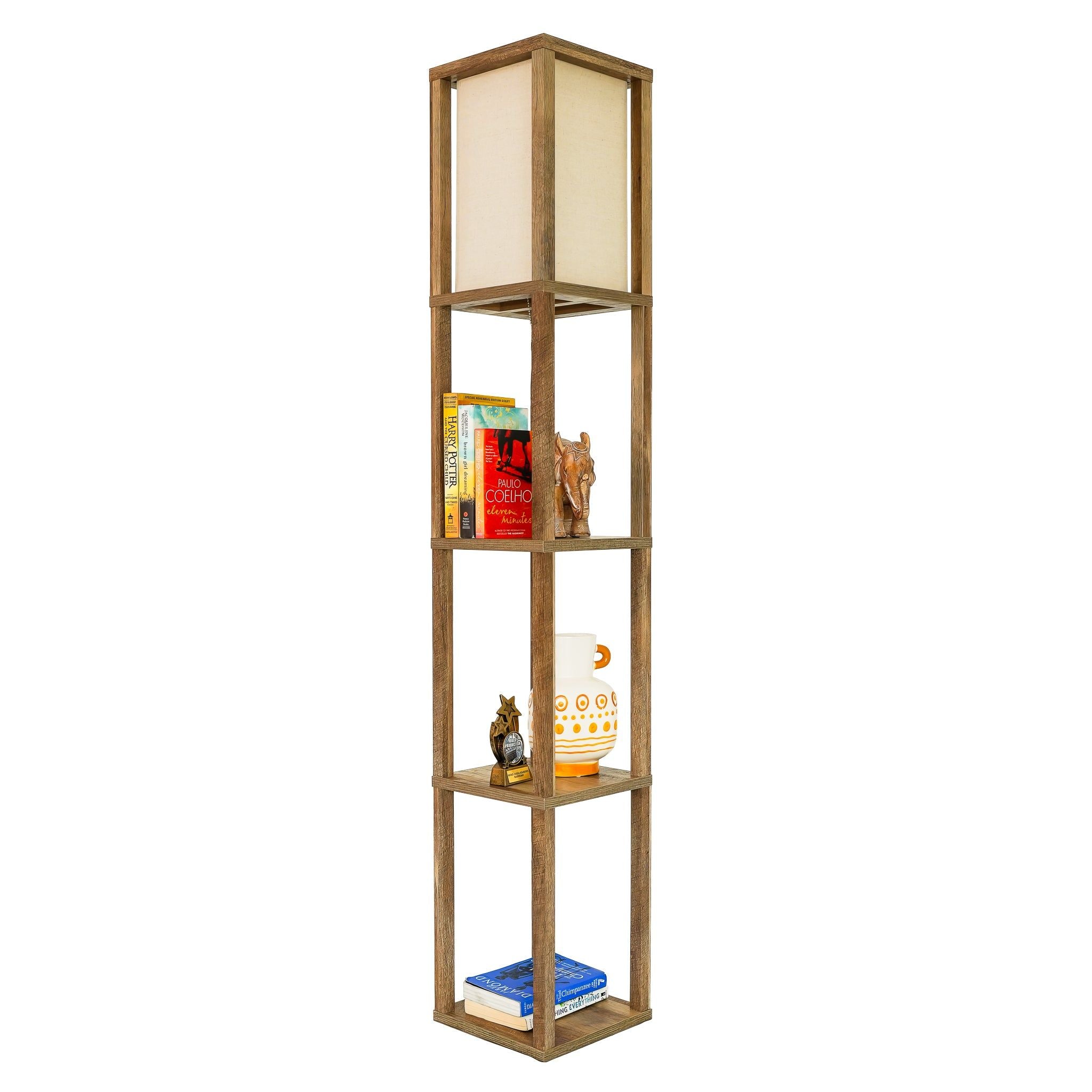Pinnacle - Shelf Floor Lamp For Bedroom / Living Room, Long Shade - Natural Wood / White
