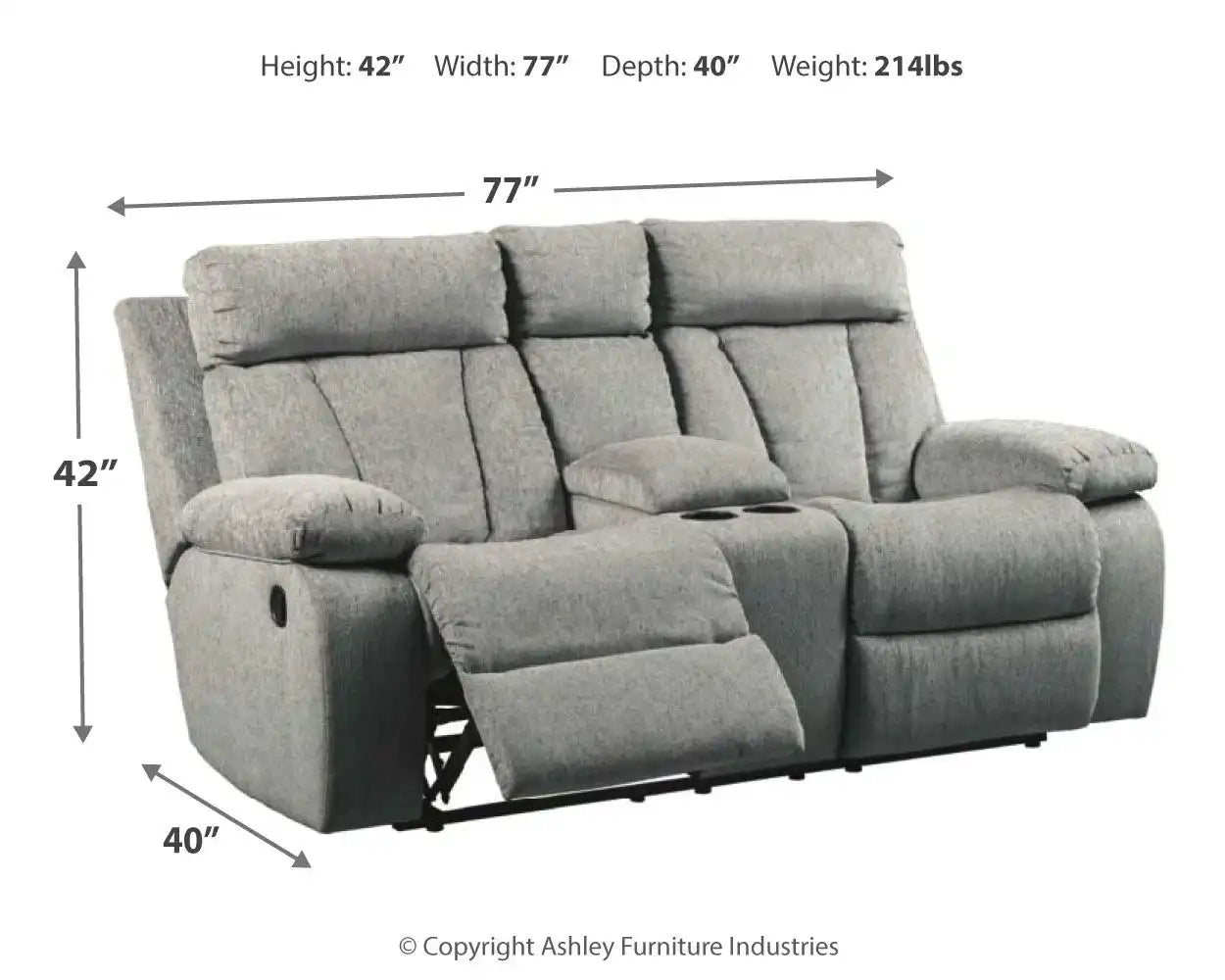 Mitchiner - Fog - DBL Rec Loveseat w/Console