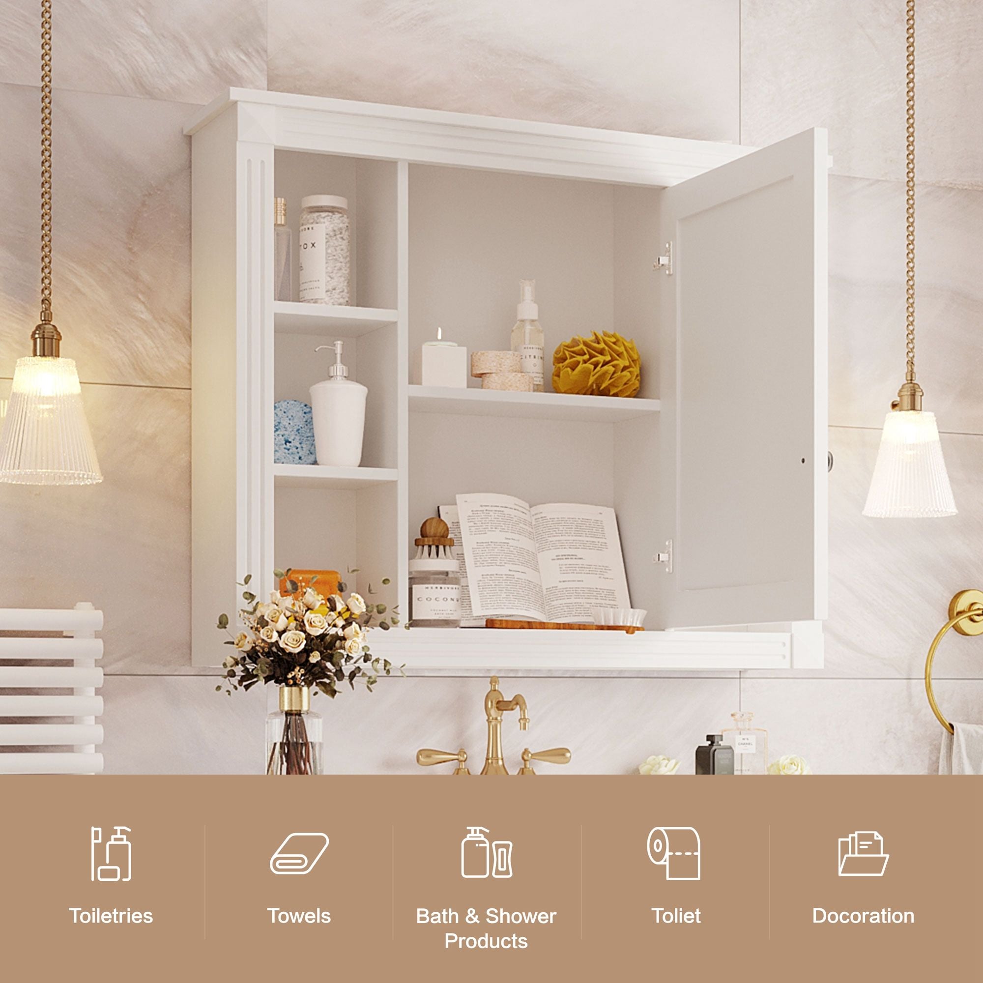 Wall Mounted Bathroom Storage Cabinet With Mirror, 6 Open Shelves