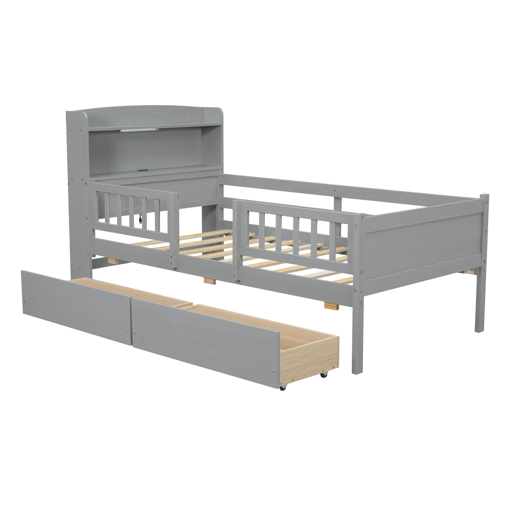 Platform Bed With LED Light, Multi Functional Headboard, Guardrail And 2 Drawers