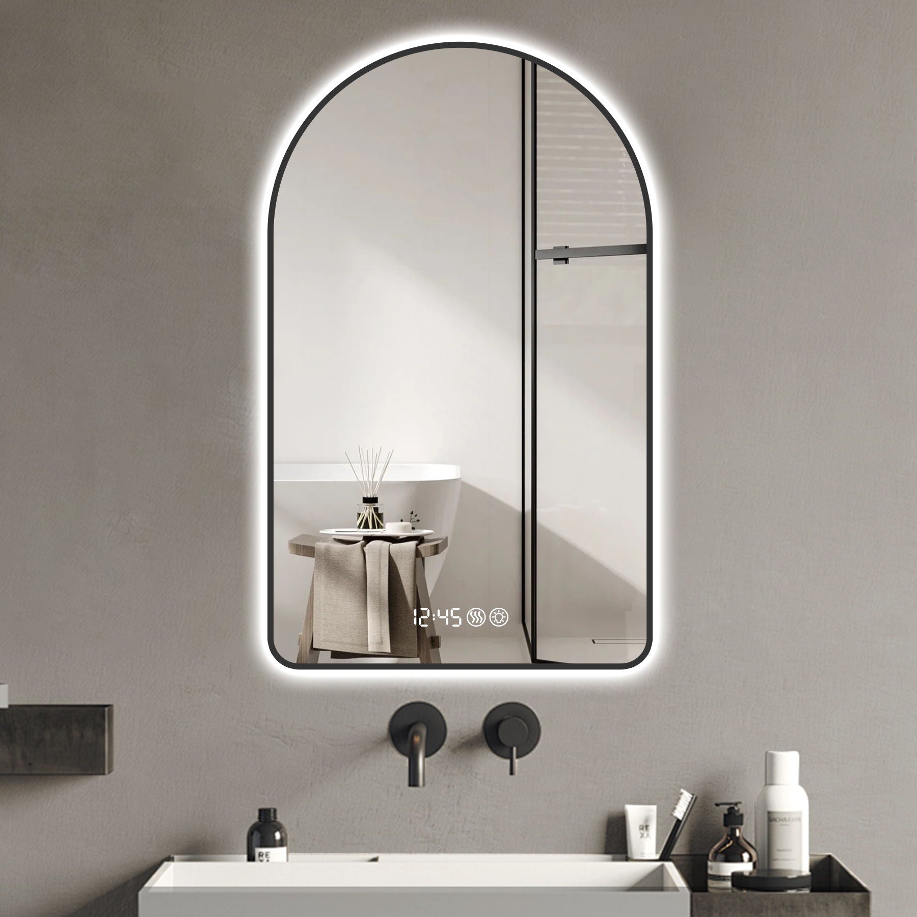 Modern Arched LED Bathroom Mirror With Time And Temperature Display, Anti Fog, Dimmable Light - Black - Best Buy Furniture