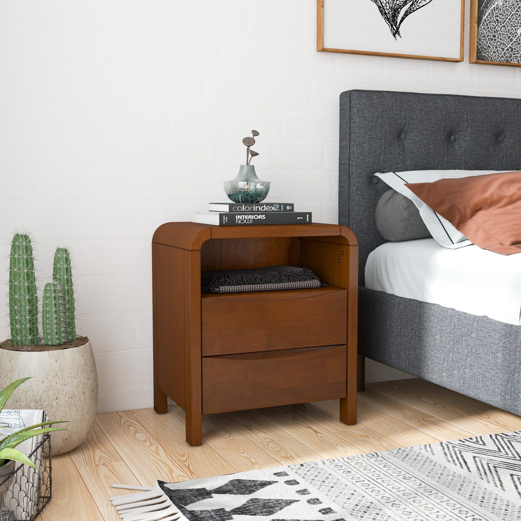Lionel - Mid-Century Modern Nightstand 2 Drawer - Brown
