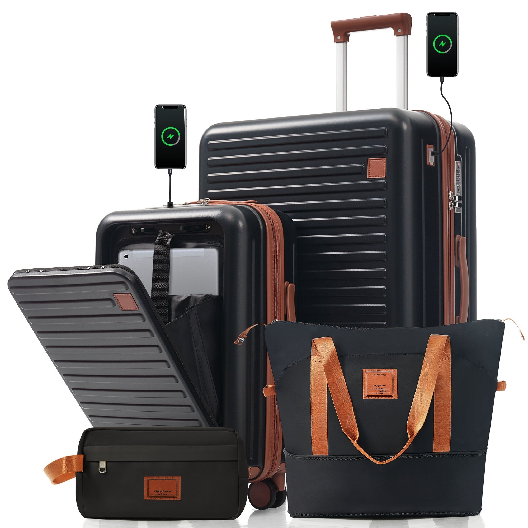 4-Piece Luggage Set with USB Charging Ports - 20in Carry-On (Front-Opening for Laptop) 28in Checked Suitcase with TSA Lock Travel Duffel Bag Wet-Dry Toiletry Bag, black and brown