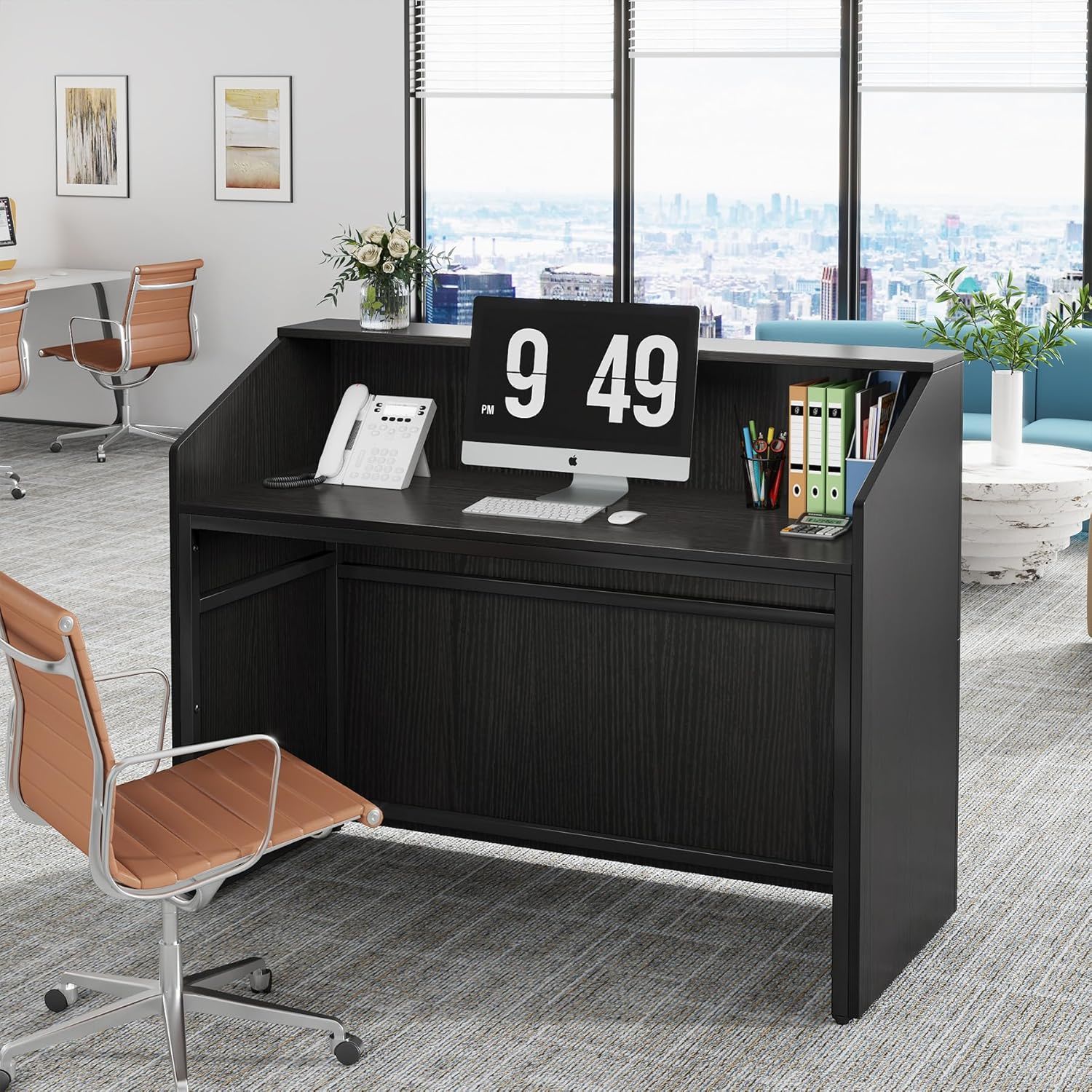 Modern Reception Desk, Front Desk Table With Cable Grommet & Privacy Panels