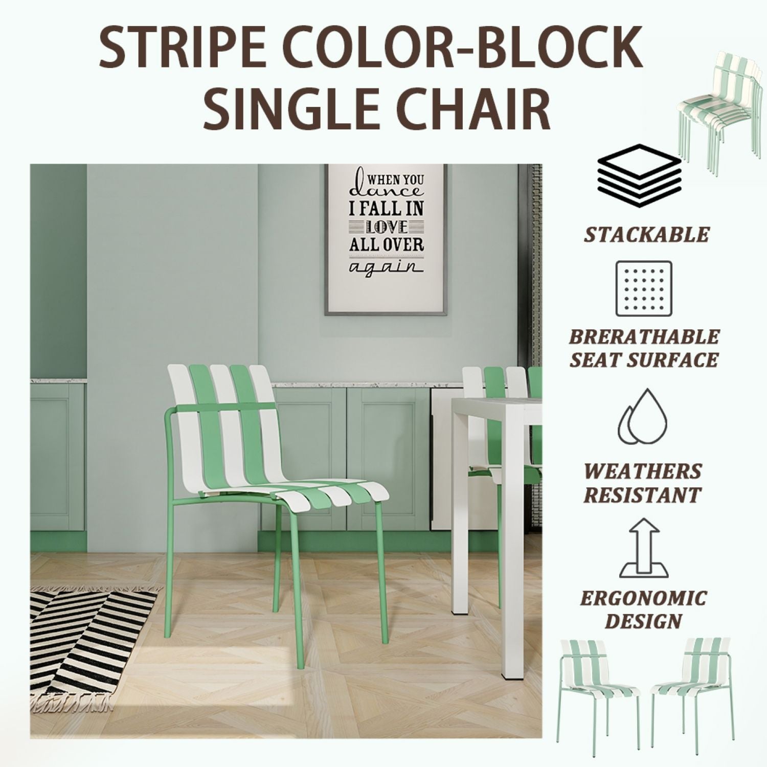 4 Piece Set Of Single Chairs With Modern Color Blocking Design, UV Resistant And Rust Proof - Haze Green / White