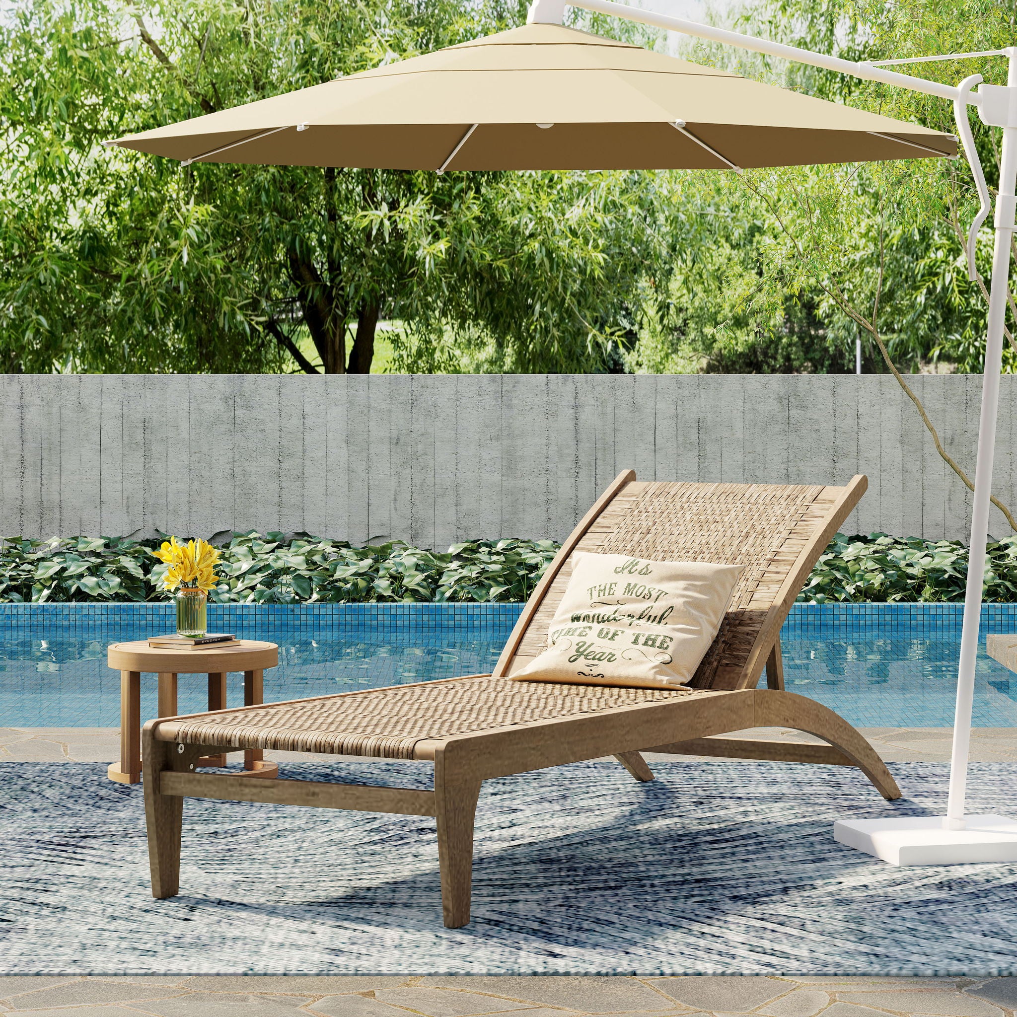 Outdoor Rattan Wicker Chaise Lounge With Acacia Wood Frame - Light Brown
