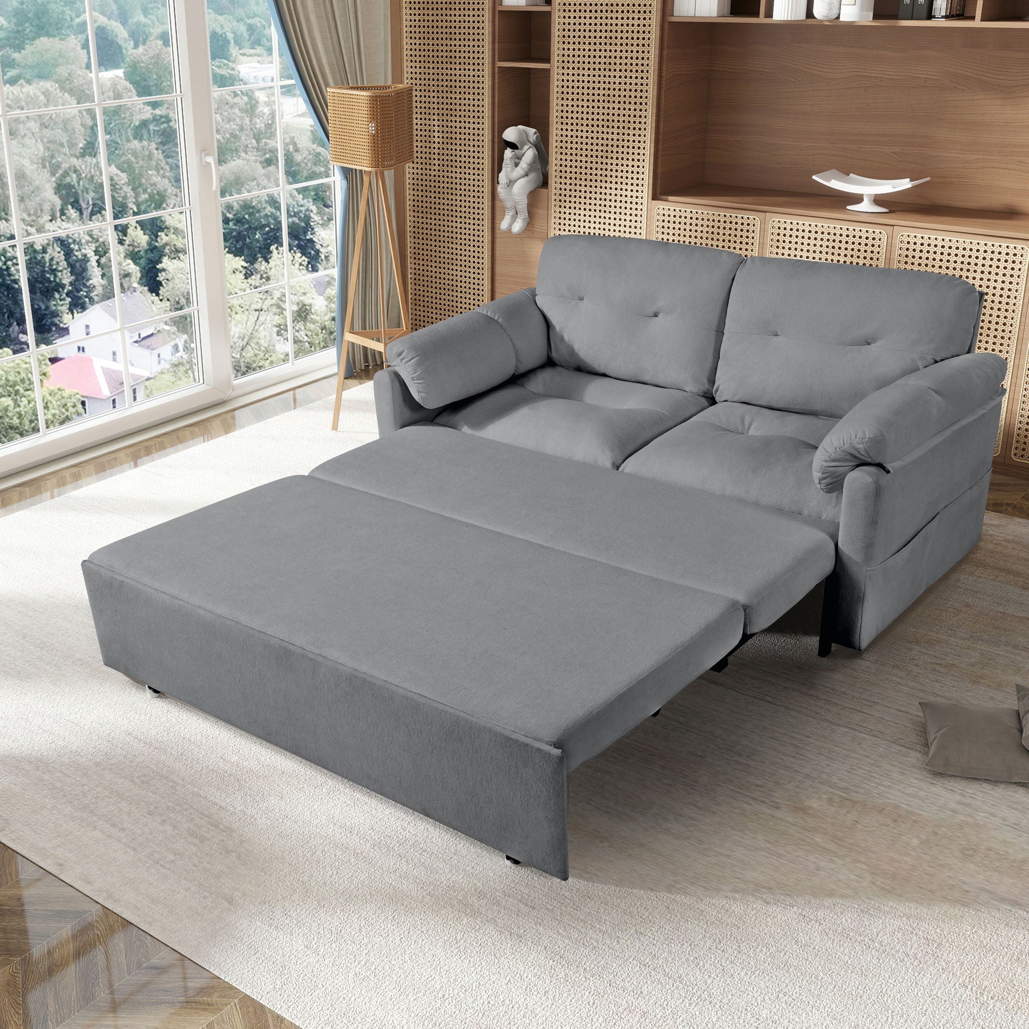 Convertible Pull Out Sofa Bed Queen Size, 3 In 1 With Side Storage