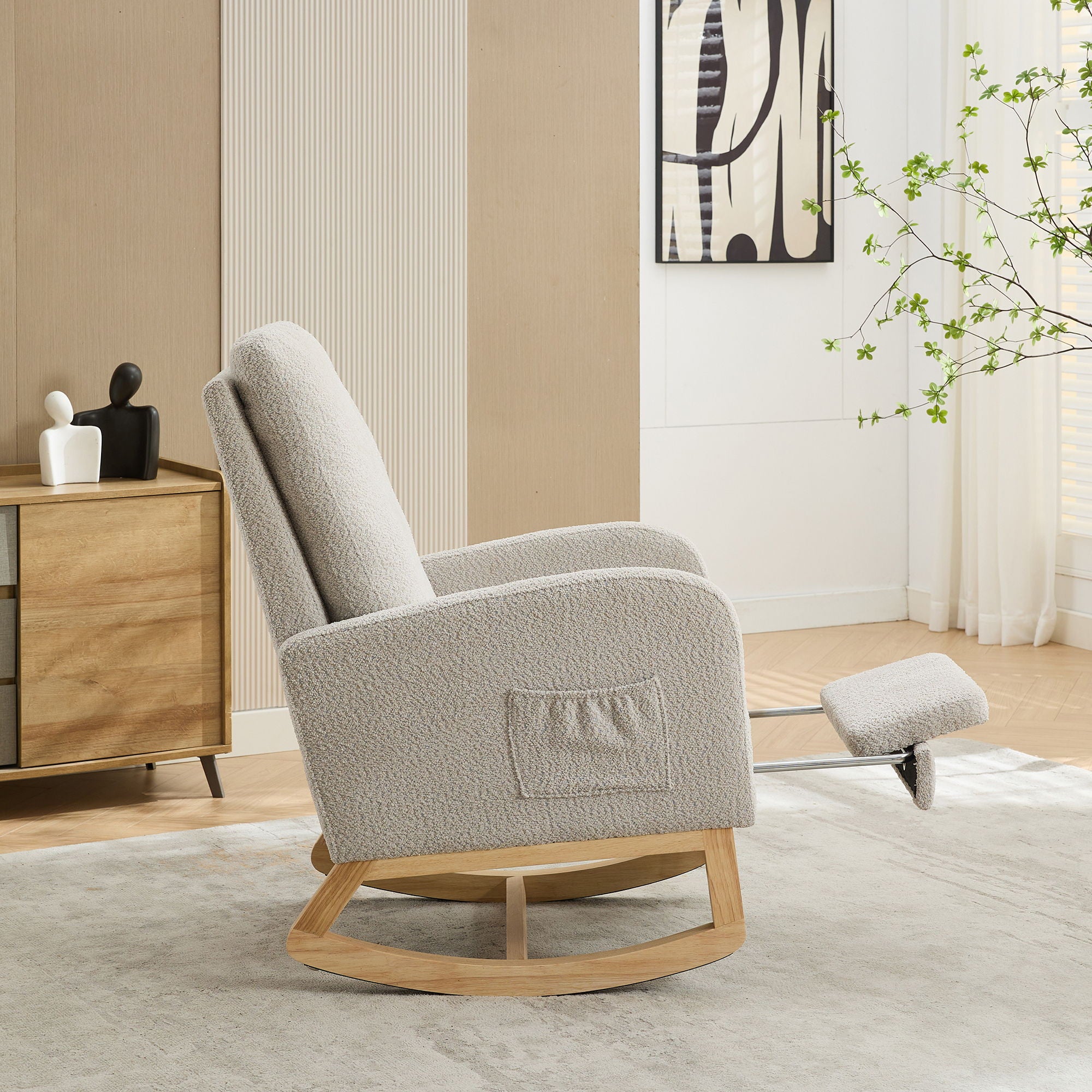 Rocking High Back Glider Chair With Retractable Footrest, Side Pocket