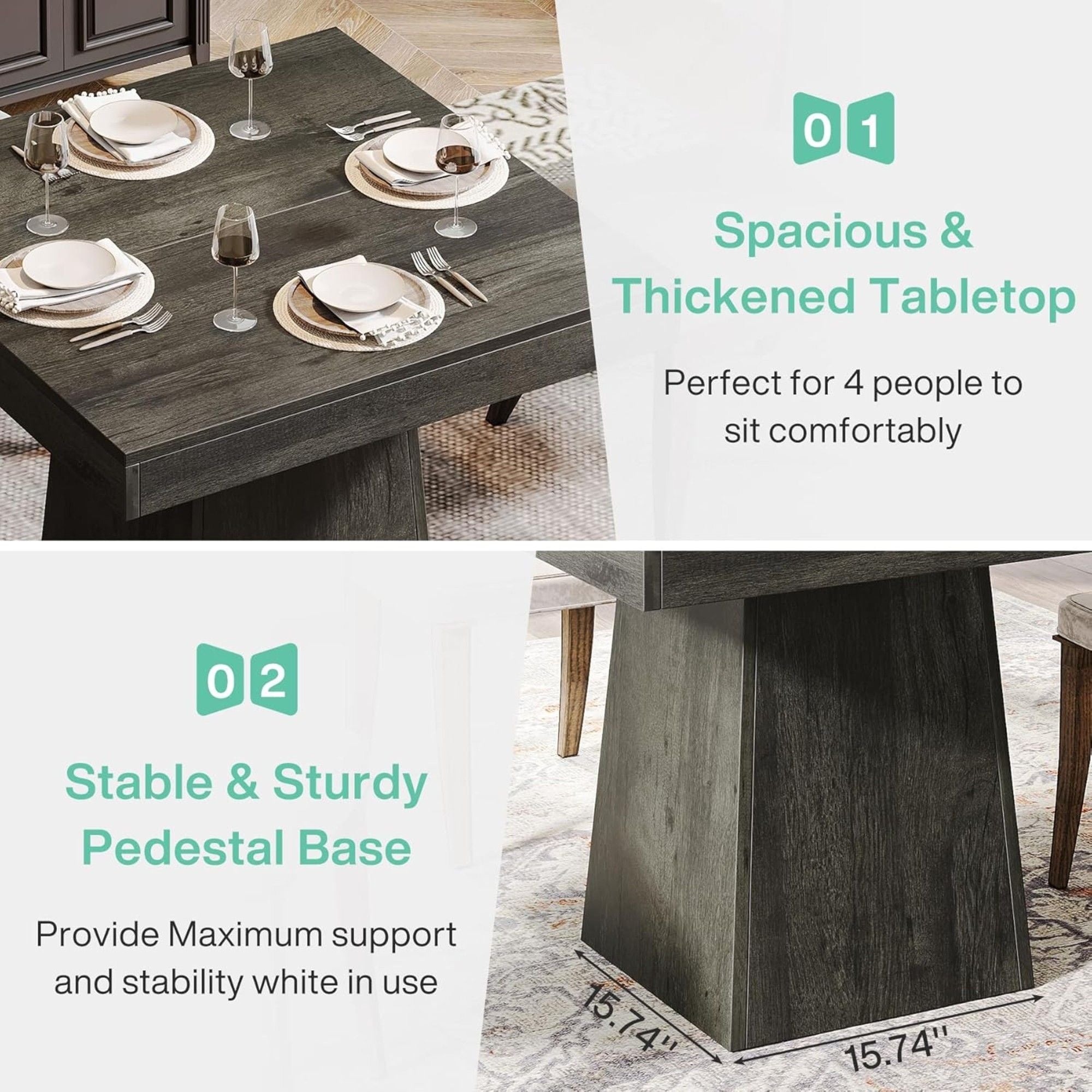 Square Dining Table For 4 With Thick Grain Top And Sturdy Pedestal Base - Gray