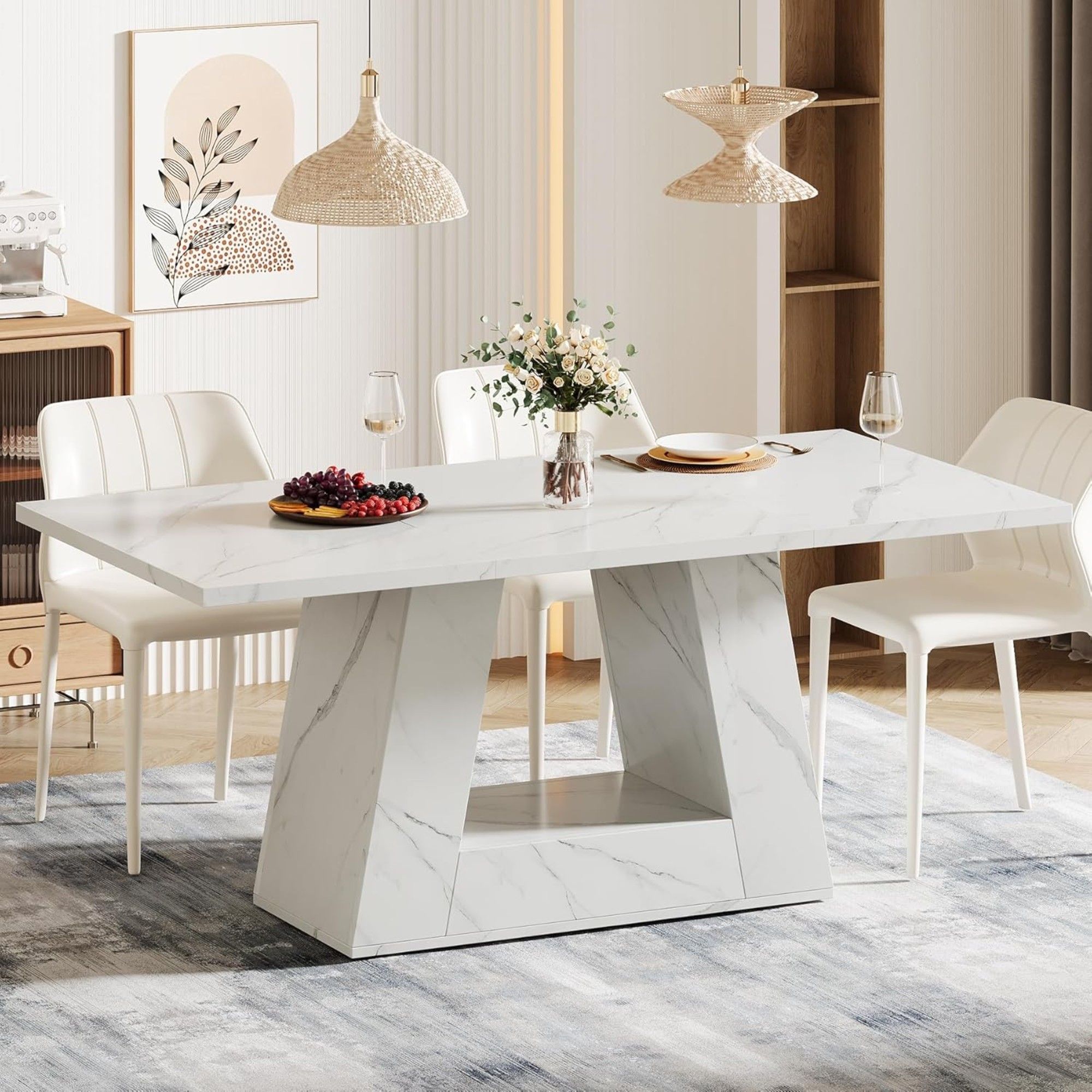 Dining Table For 4 To 6 People, With Trapezoid Base For Dining Room - White