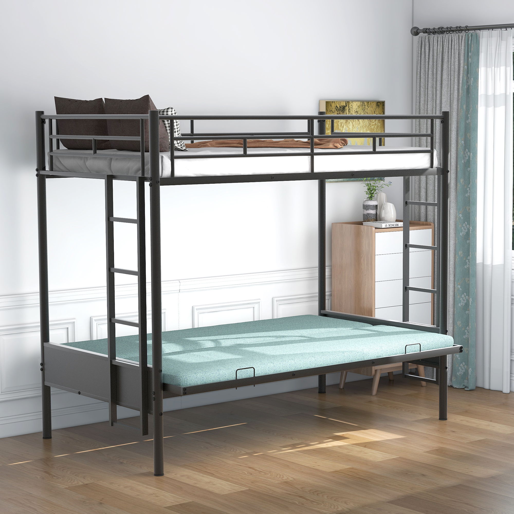 Twin Over Full Bunk Bed, Multifunction - Black