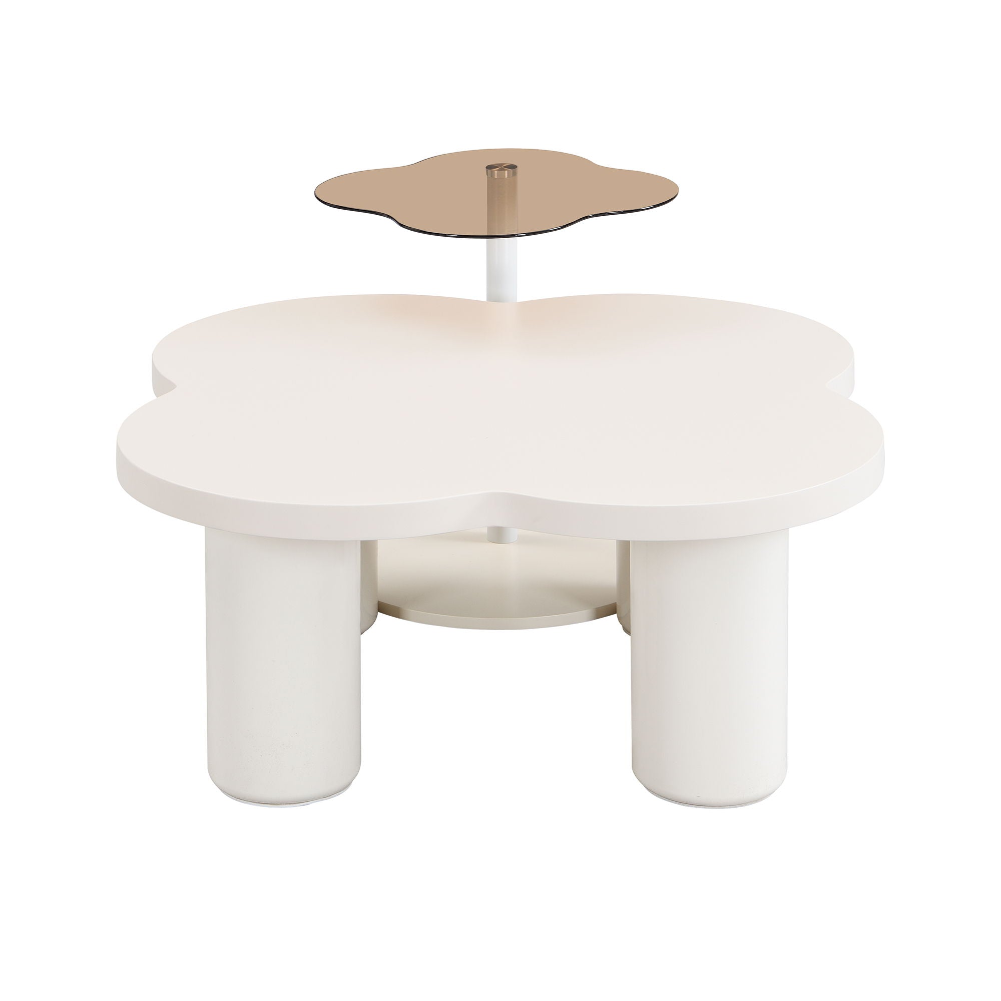 Modern Coffee Table (Set of 2), Irregular Shape Coffee Table With Four Roman Column Legs And End Table With Glass Top For Living Room - White