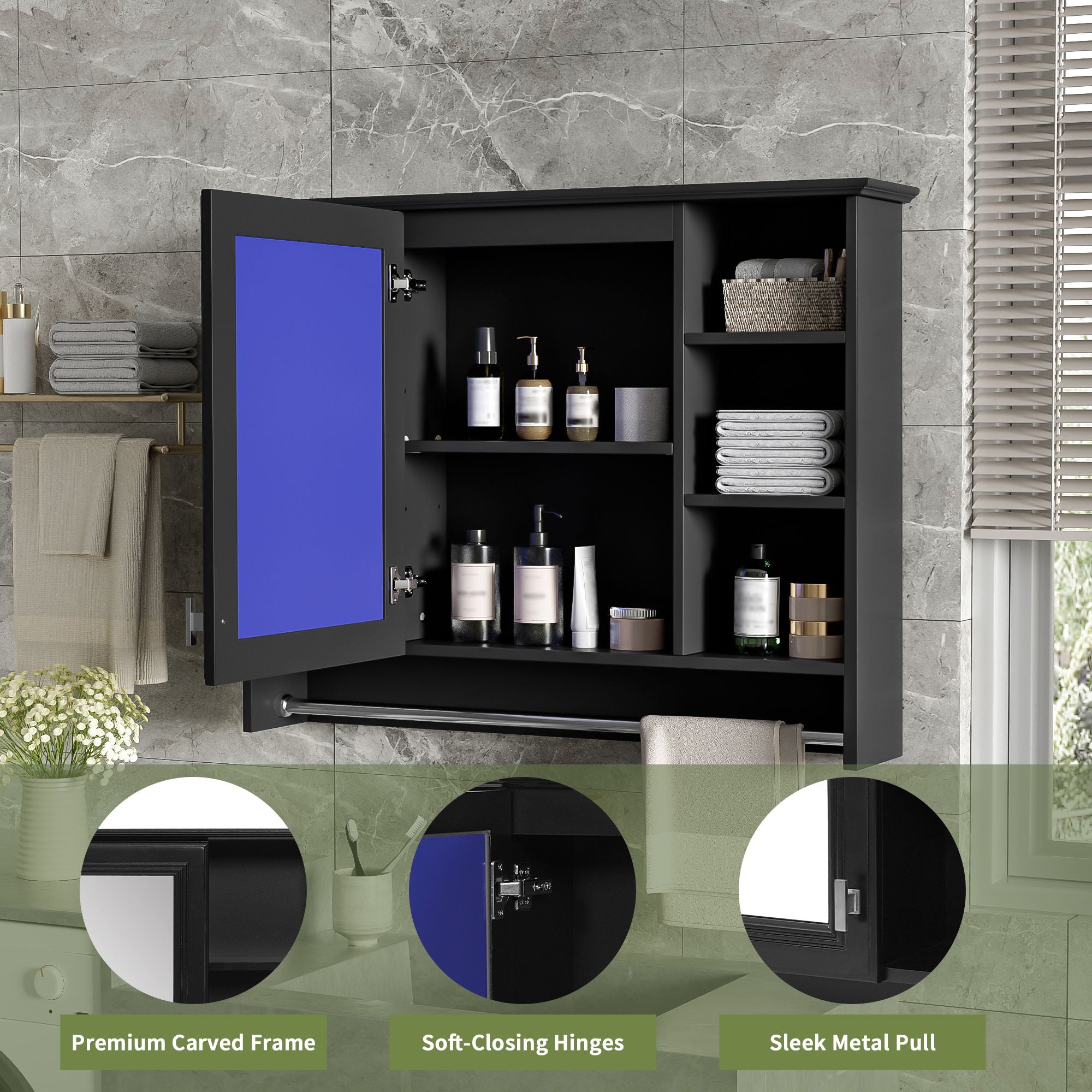 Modern Wall Mounted Mirror Cabinet With Adjustable Shelf, Soft Close Door, And Towel Bar