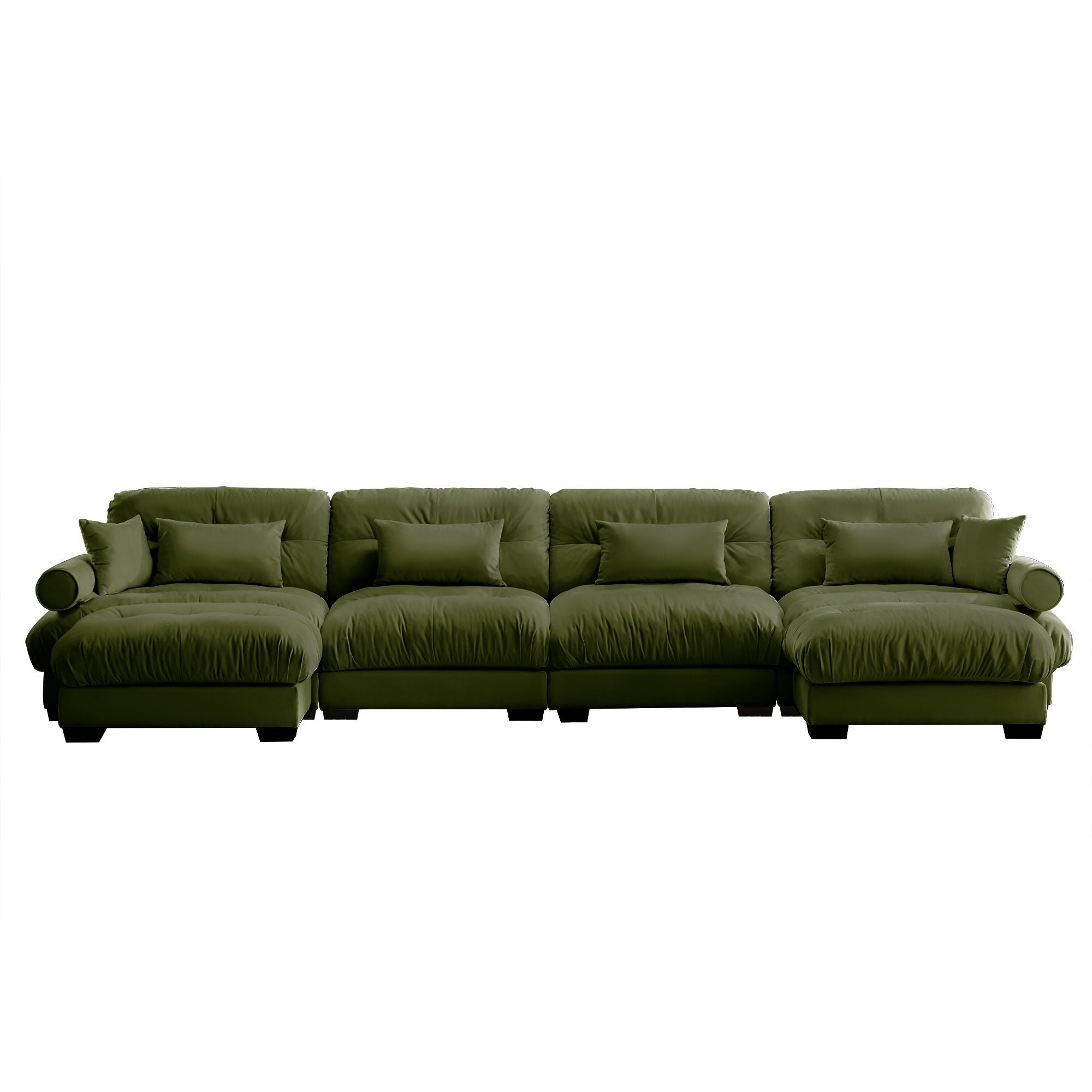 Modern Sectional Sofa With Ottoman, Round Bolster Armrests, Waist And Throw Pillows