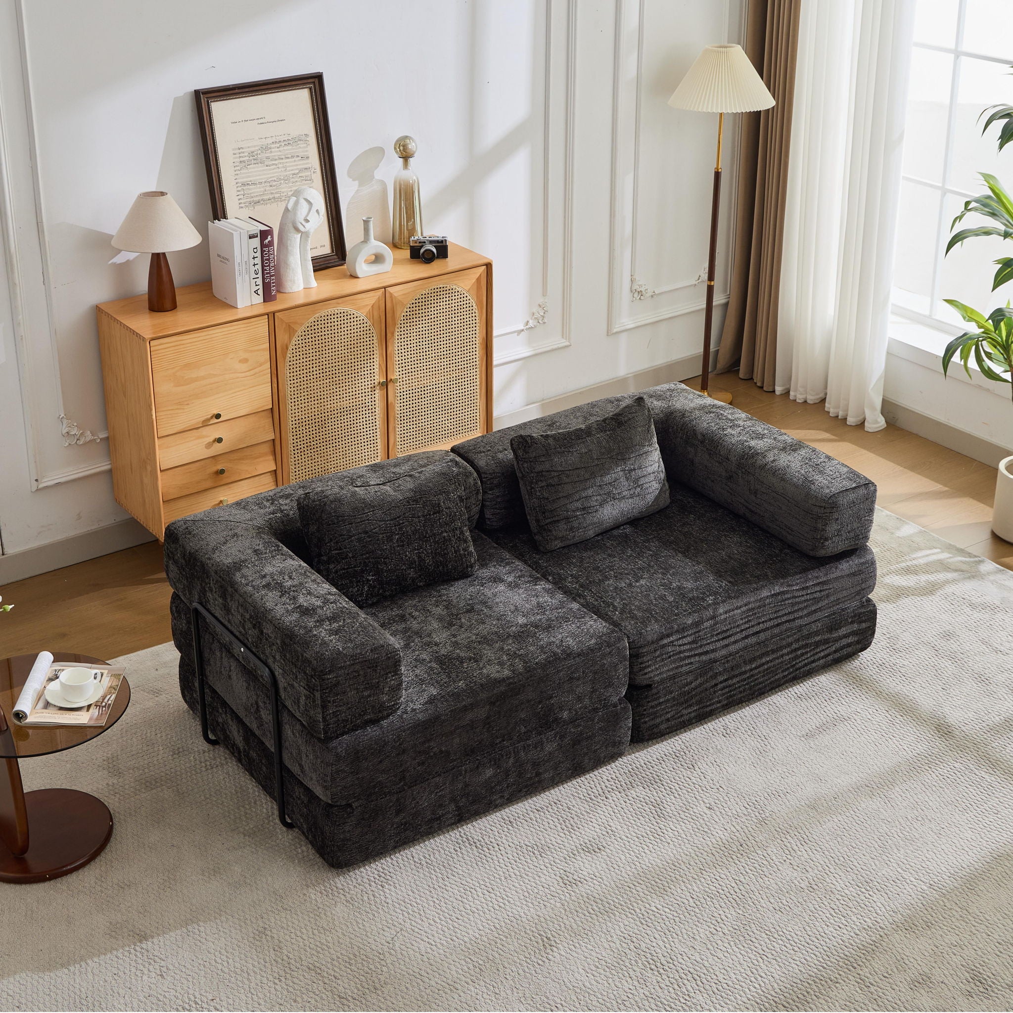 Convertible Floor Sofa Bed With Fixed Shape Frame, Loveseats Boneless Modular Sectional, For Living Room - Black