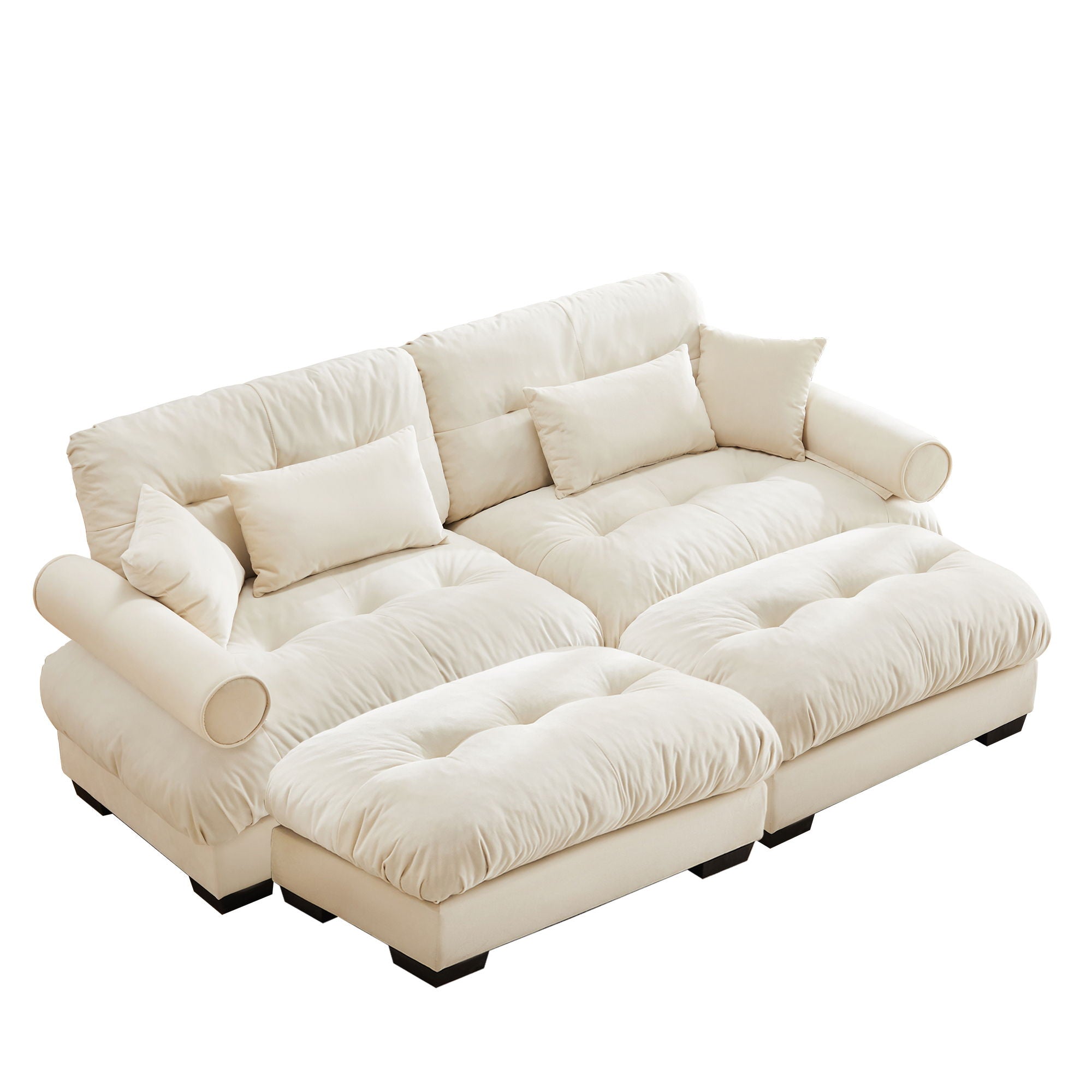 Modern Sectional Sofa With Ottoman, Round Bolster Armrests, Waist And Throw Pillows