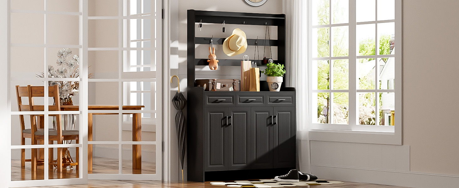 Minimalist 4 Door Shoe Cabinet With Coat Rack, 3 Drawers, 8 Shelves, Metal Hooks And Handles