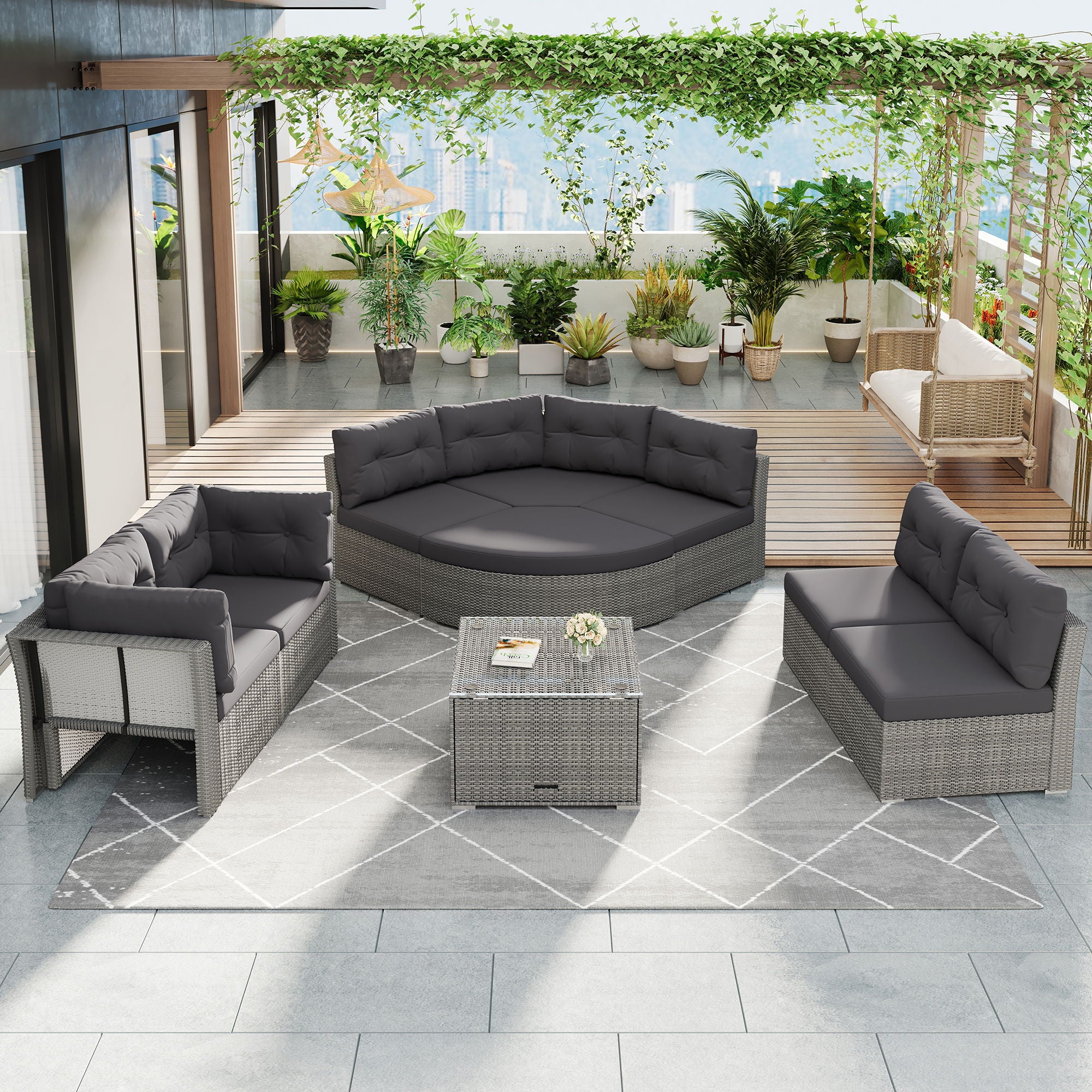 Elegant Patio Furniture Set Outdoor Daybed Rattan Sectional With Cushions And Center Table - Gray