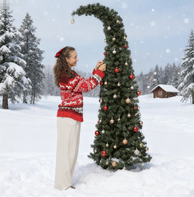 7-ft-Prelit-Bent-Top-Christmas-Tree,-Slim-High-Mountain-Fir-with-300-LEDs-and-Metal-Stand-Christmas-Trees