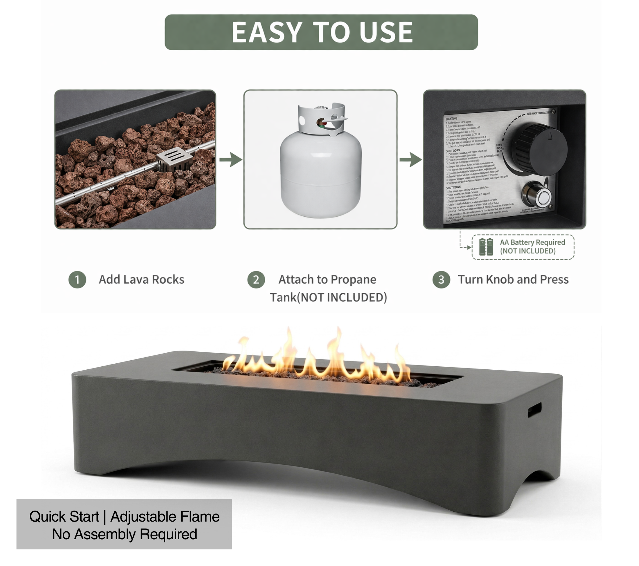 56" Propane Fire Pit Table, Rectangular Outdoor Gas Fire Pit