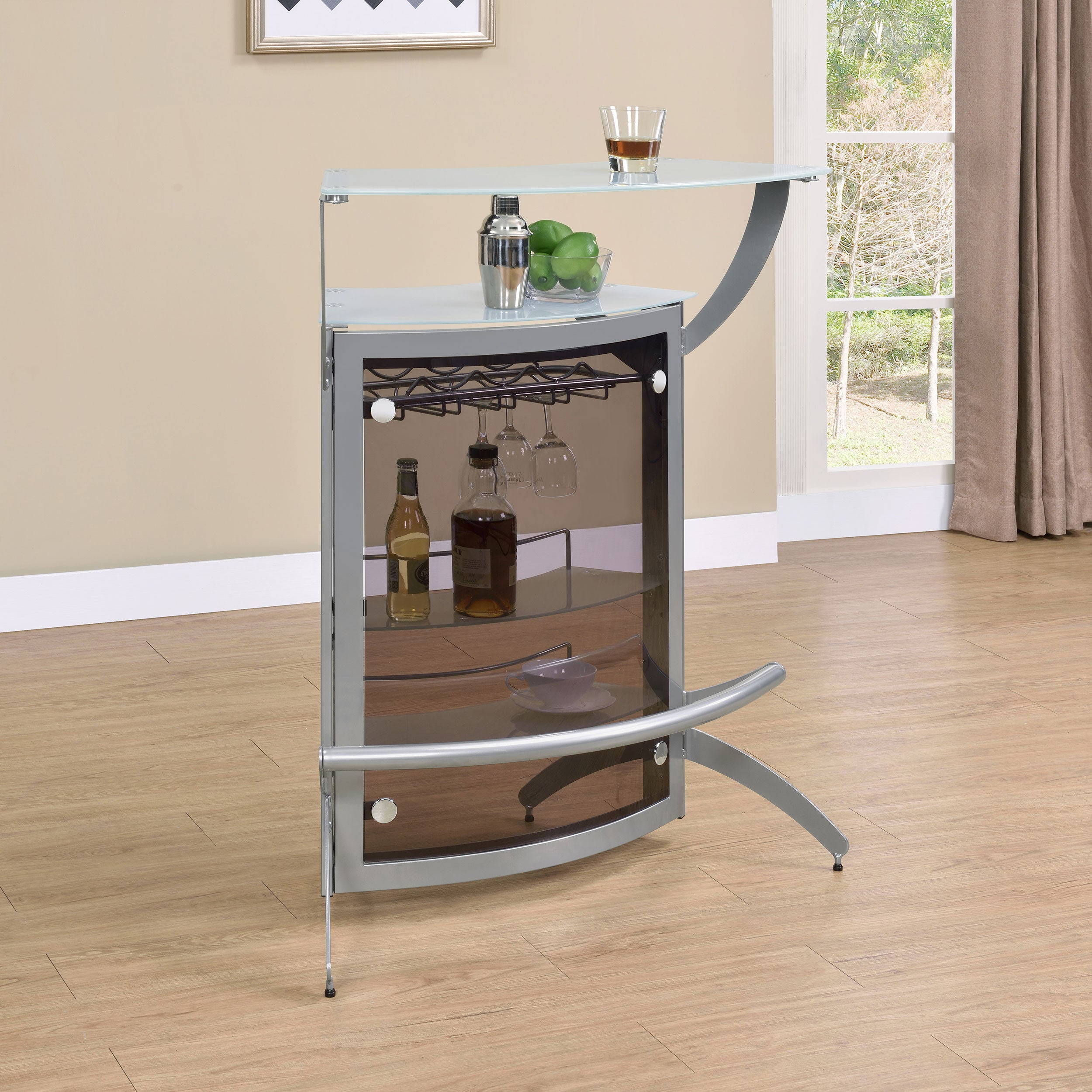 Dallas 2-shelf Curved Freestanding Home Bar Cabinet Silver-CoasterEssence